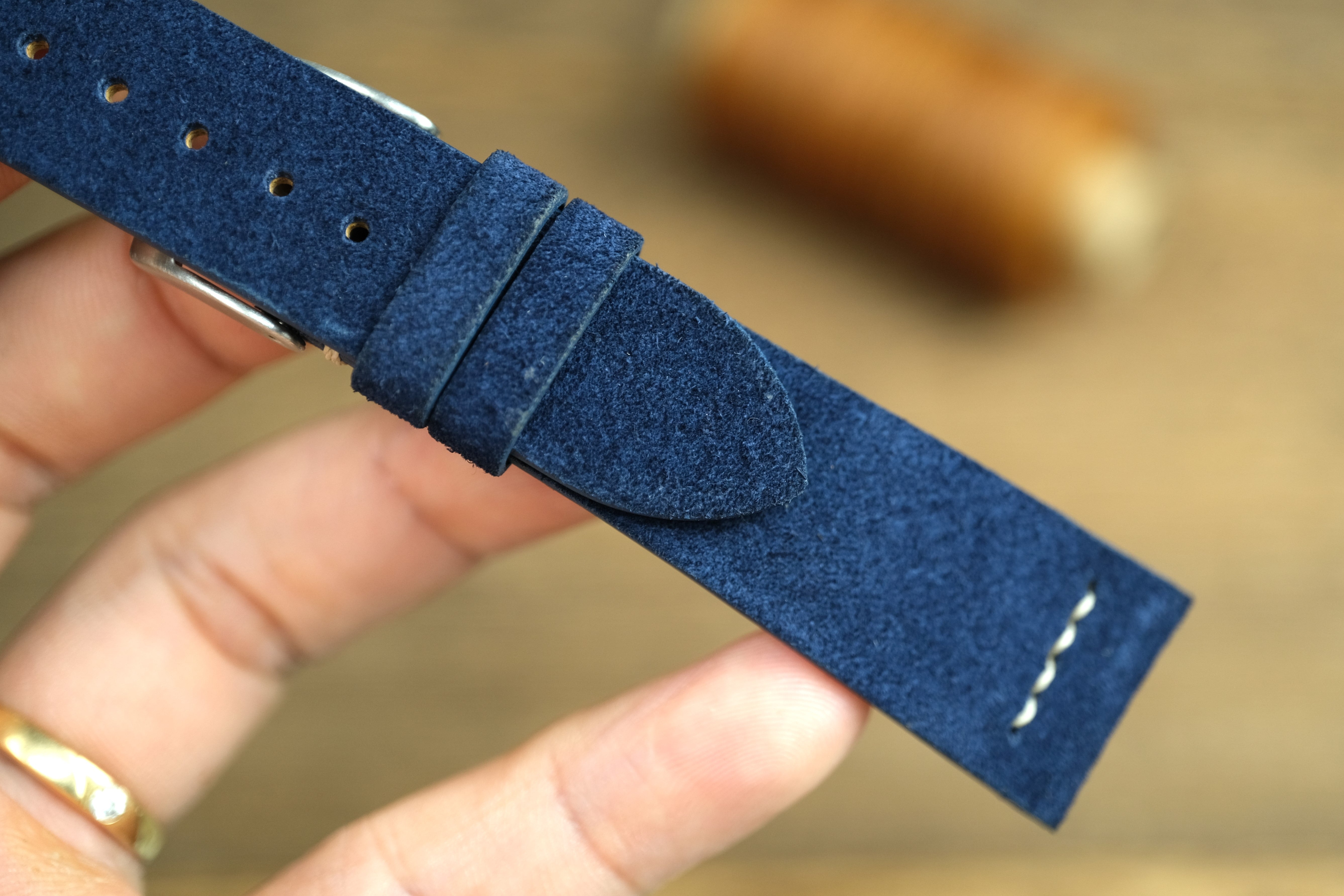 Blue Suede Leather Watch Strap, Row Stitch