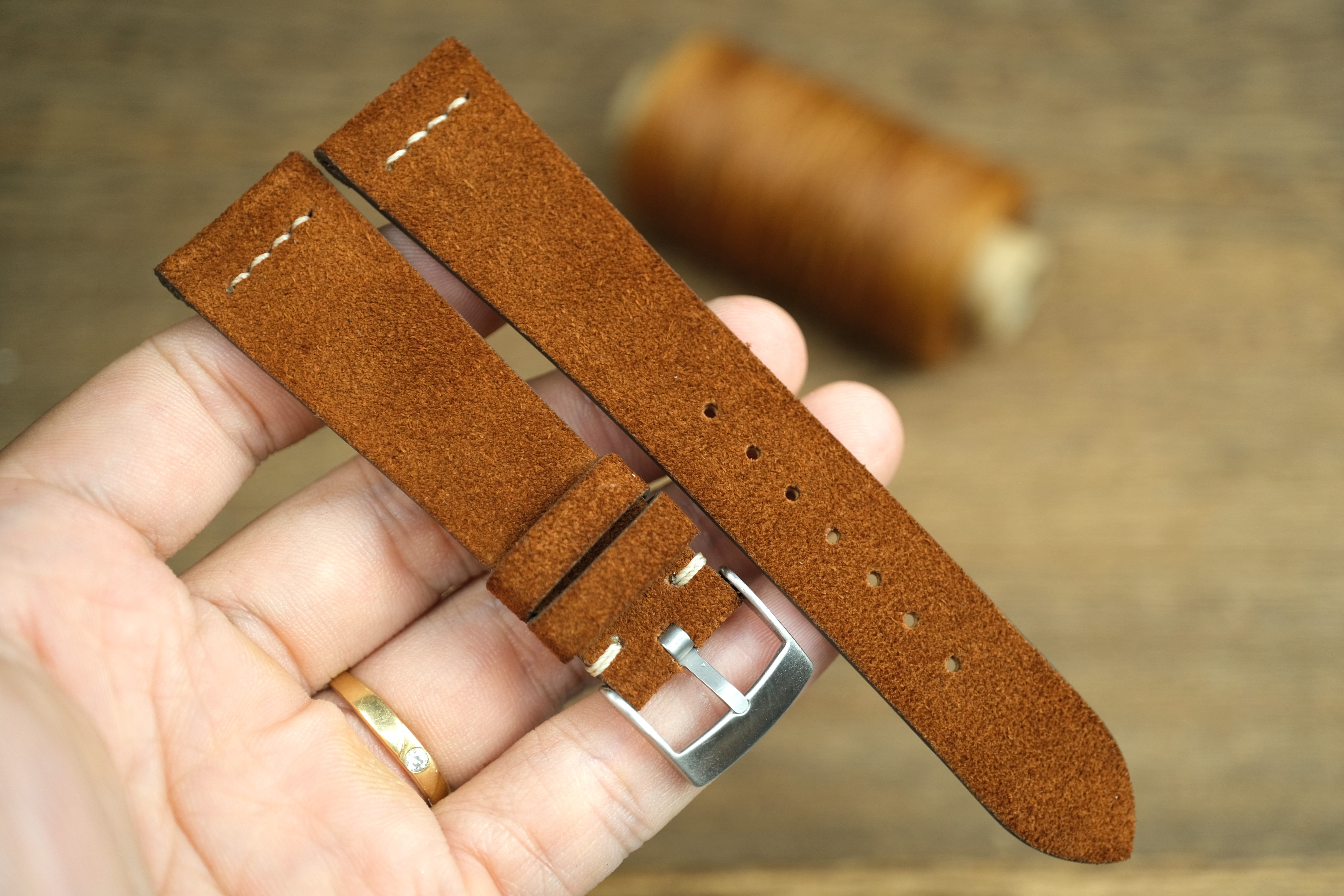 LEATHER WATCH STRAP, BROWN SUEDE LEATHER WATCH BAND ROW-STITCH