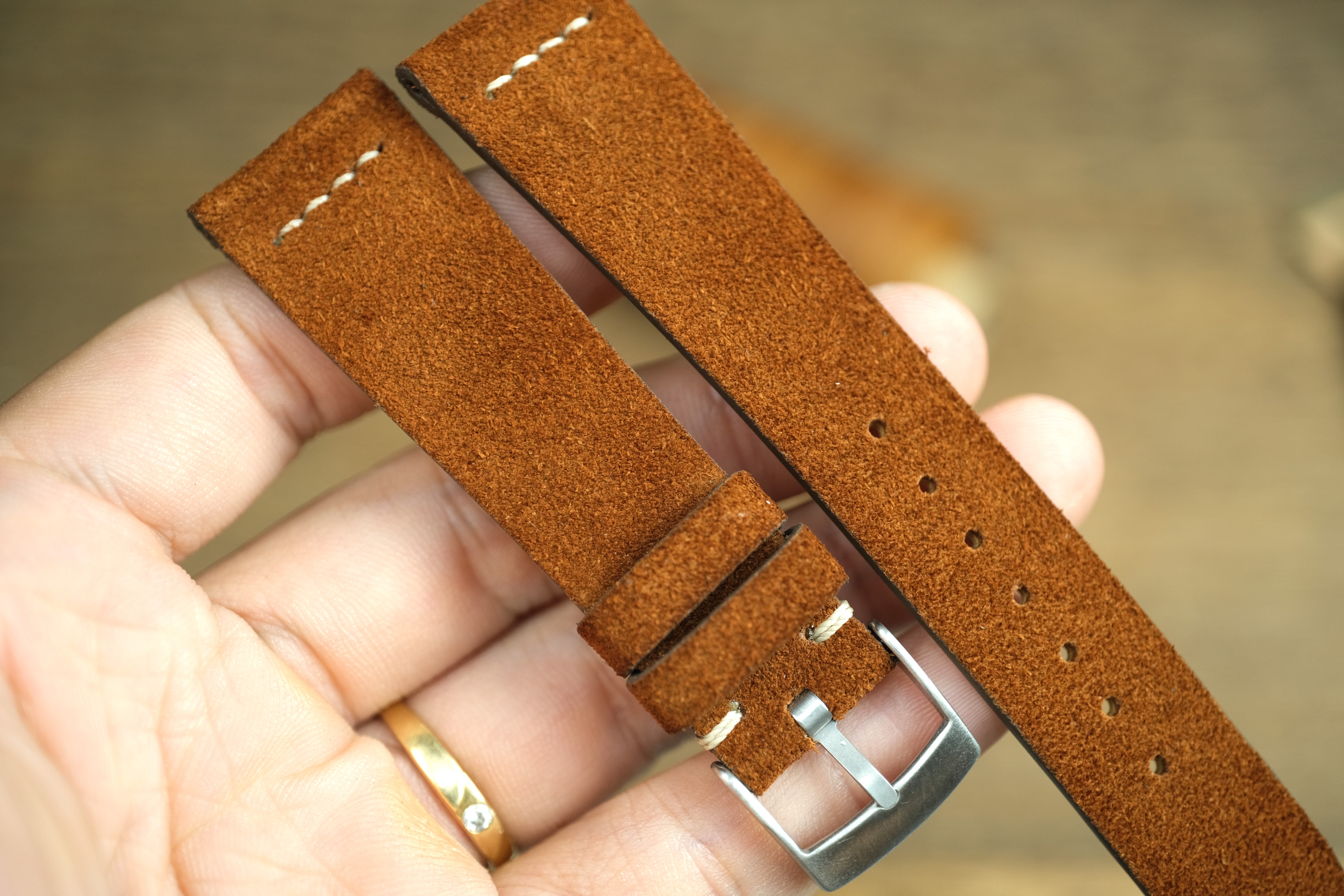 LEATHER WATCH STRAP, BROWN SUEDE LEATHER WATCH BAND ROW-STITCH