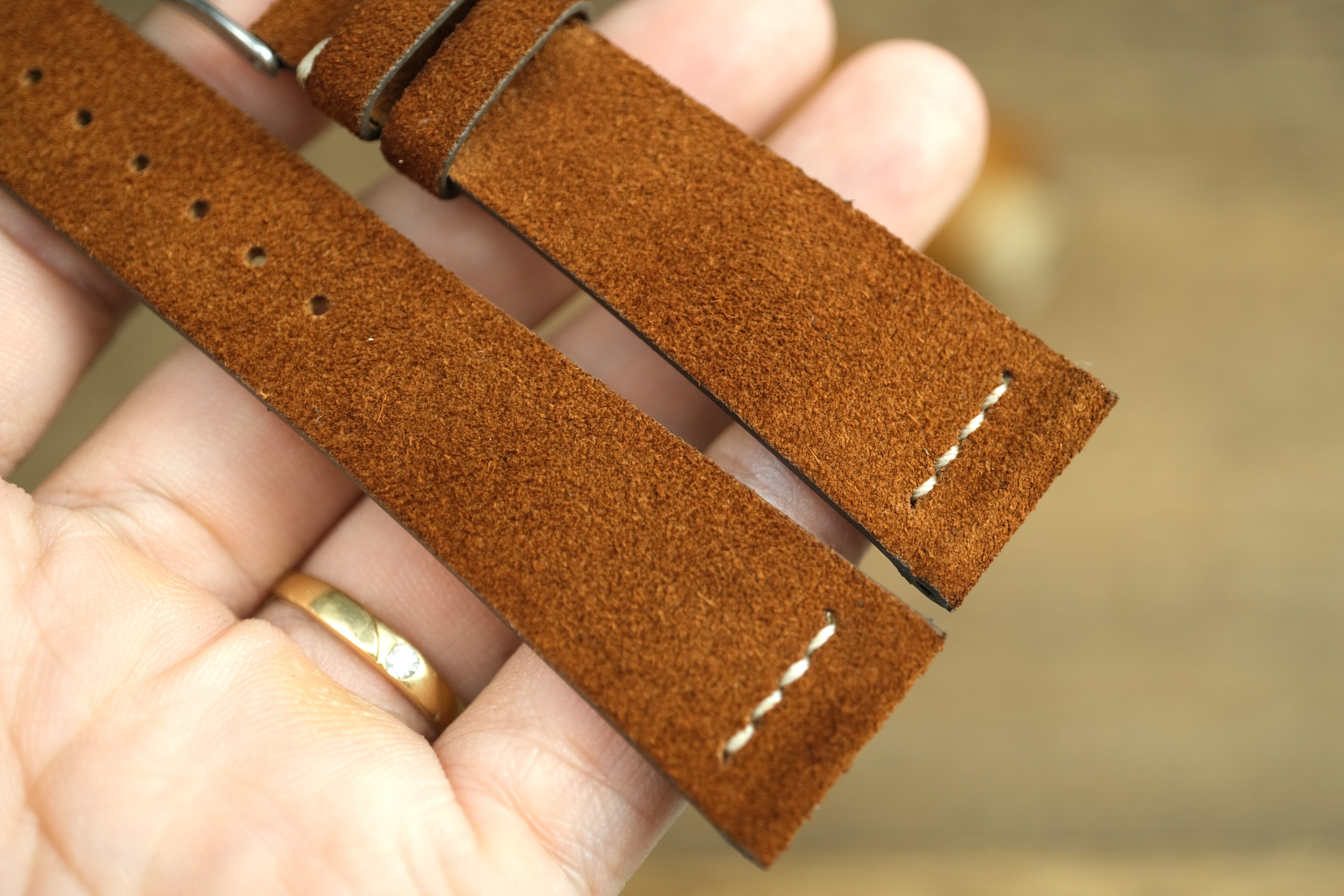 LEATHER WATCH STRAP, BROWN SUEDE LEATHER WATCH BAND ROW-STITCH