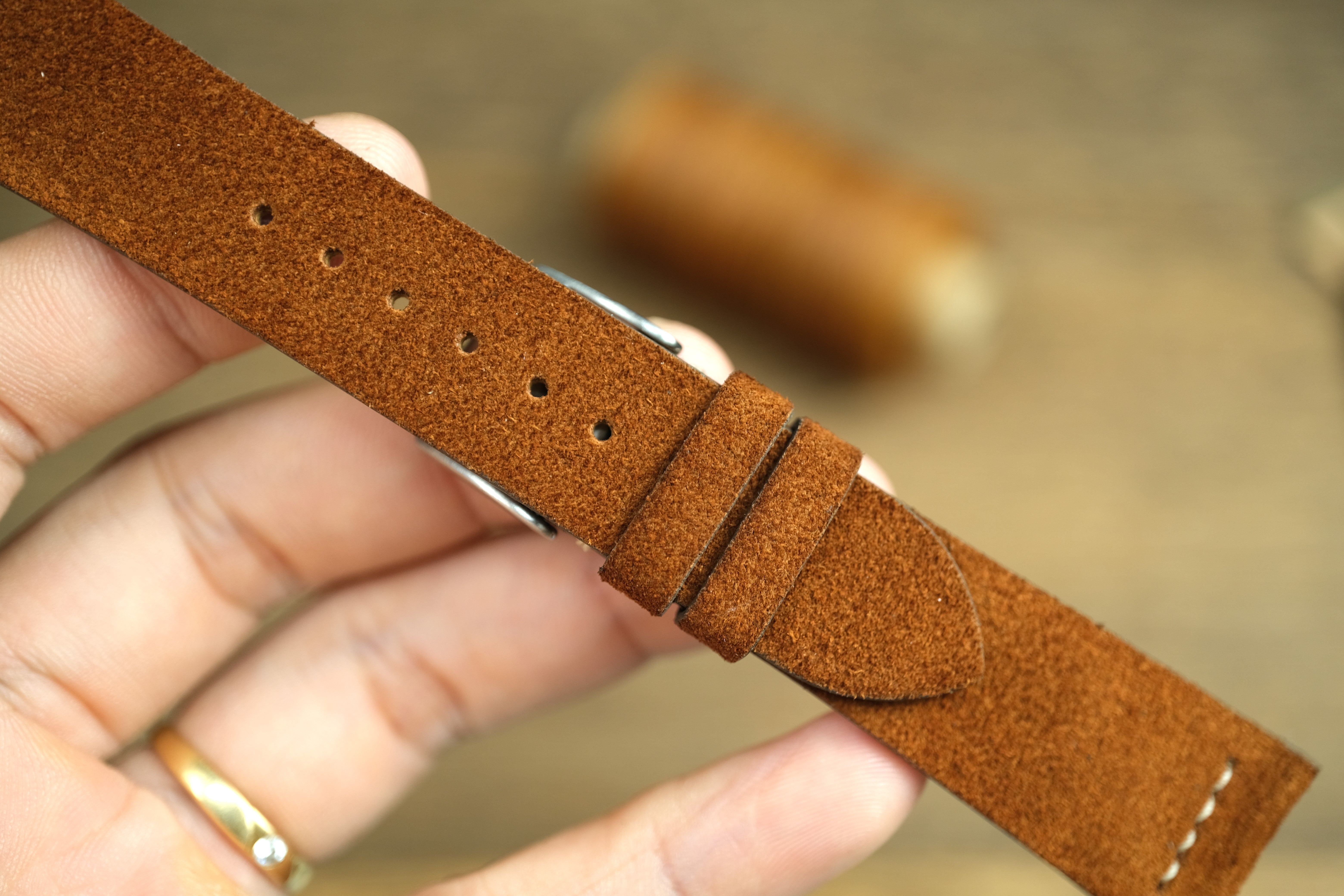 LEATHER WATCH STRAP, BROWN SUEDE LEATHER WATCH BAND ROW-STITCH