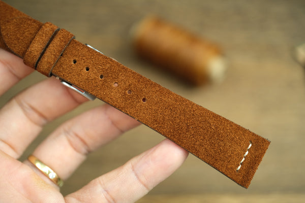 LEATHER WATCH STRAP, BROWN SUEDE LEATHER WATCH BAND ROW-STITCH