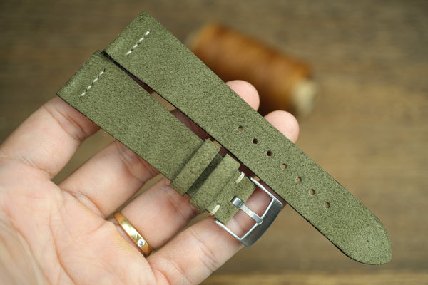 LEATHER WATCH STRAP, OLIVE GREEN SUEDE LEATHER WATCH BAND ROW-STITCH