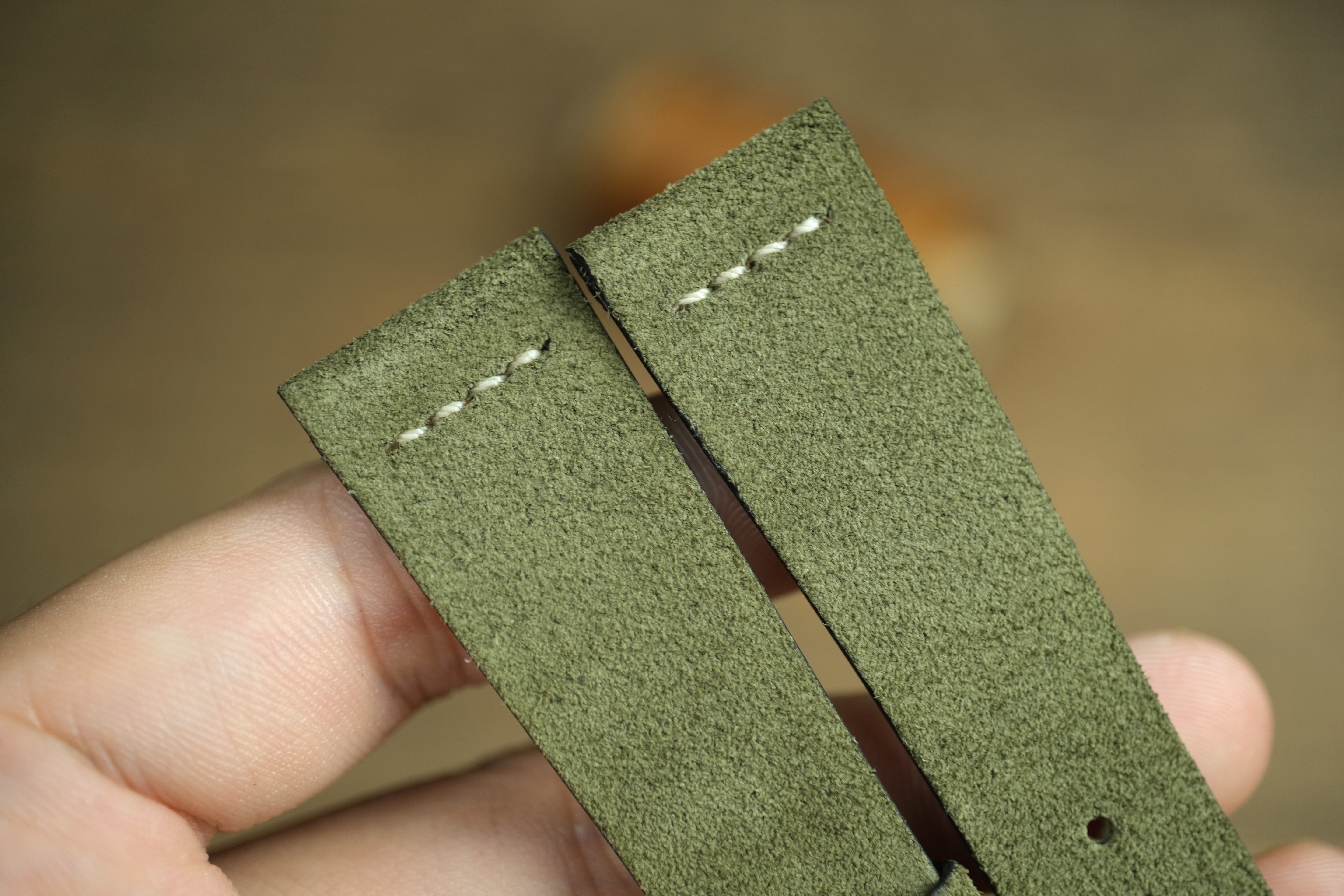 Olive Green Suede Leather Watch Strap, Row Stitch