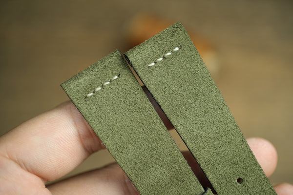 LEATHER WATCH STRAP, OLIVE GREEN SUEDE LEATHER WATCH BAND ROW-STITCH