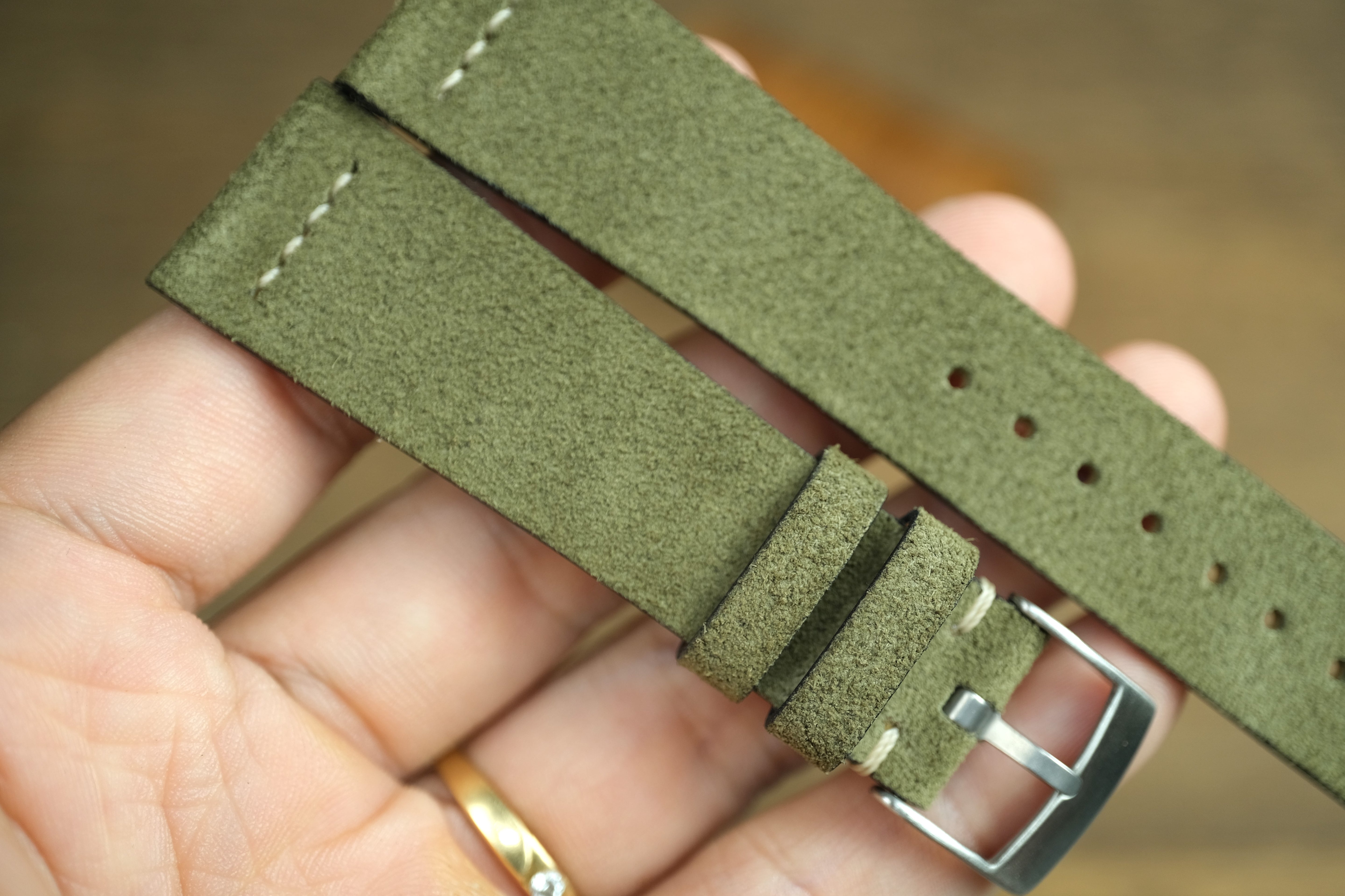 Olive Green Suede Leather Watch Strap, Row Stitch