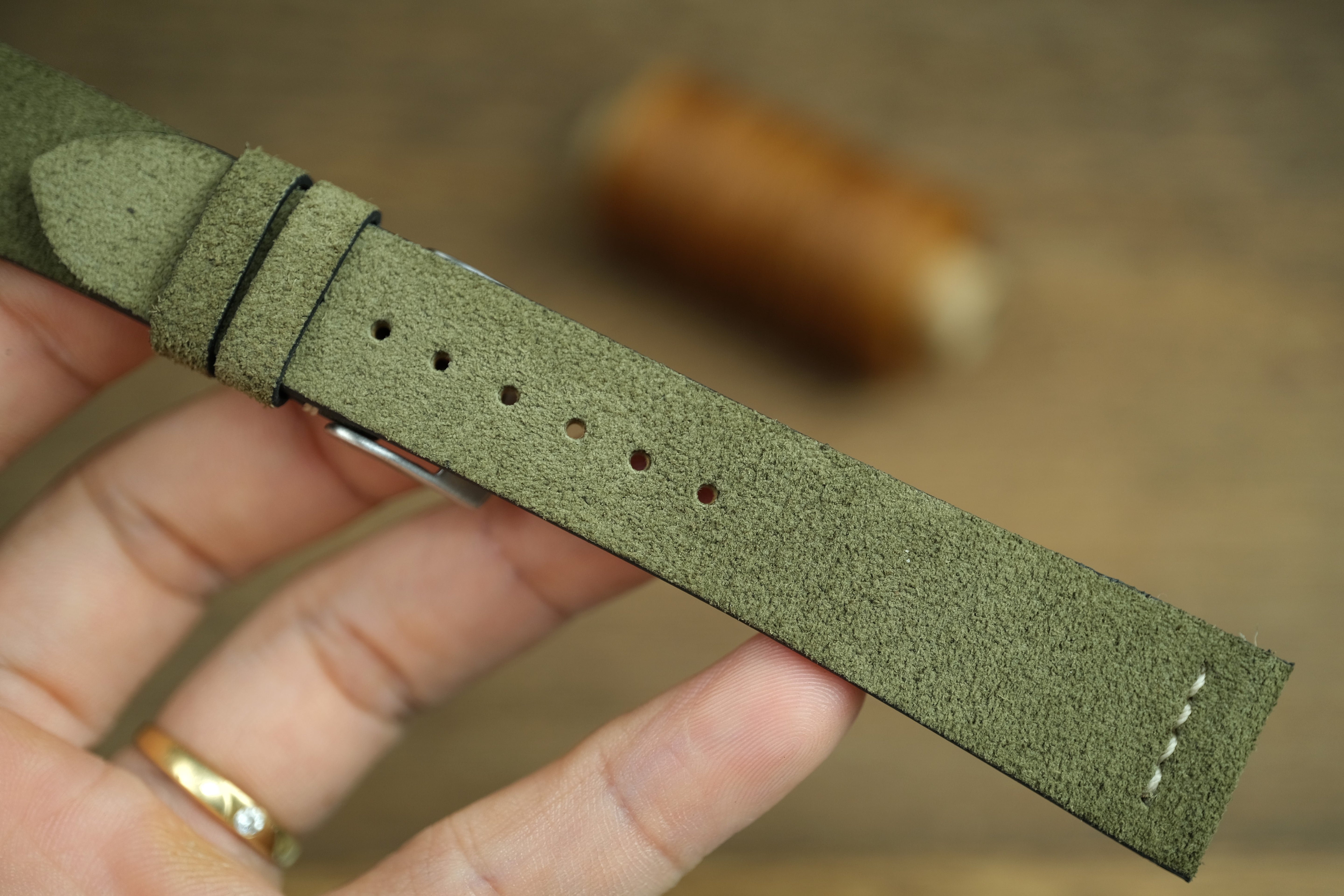 Olive Green Suede Leather Watch Strap, Row Stitch