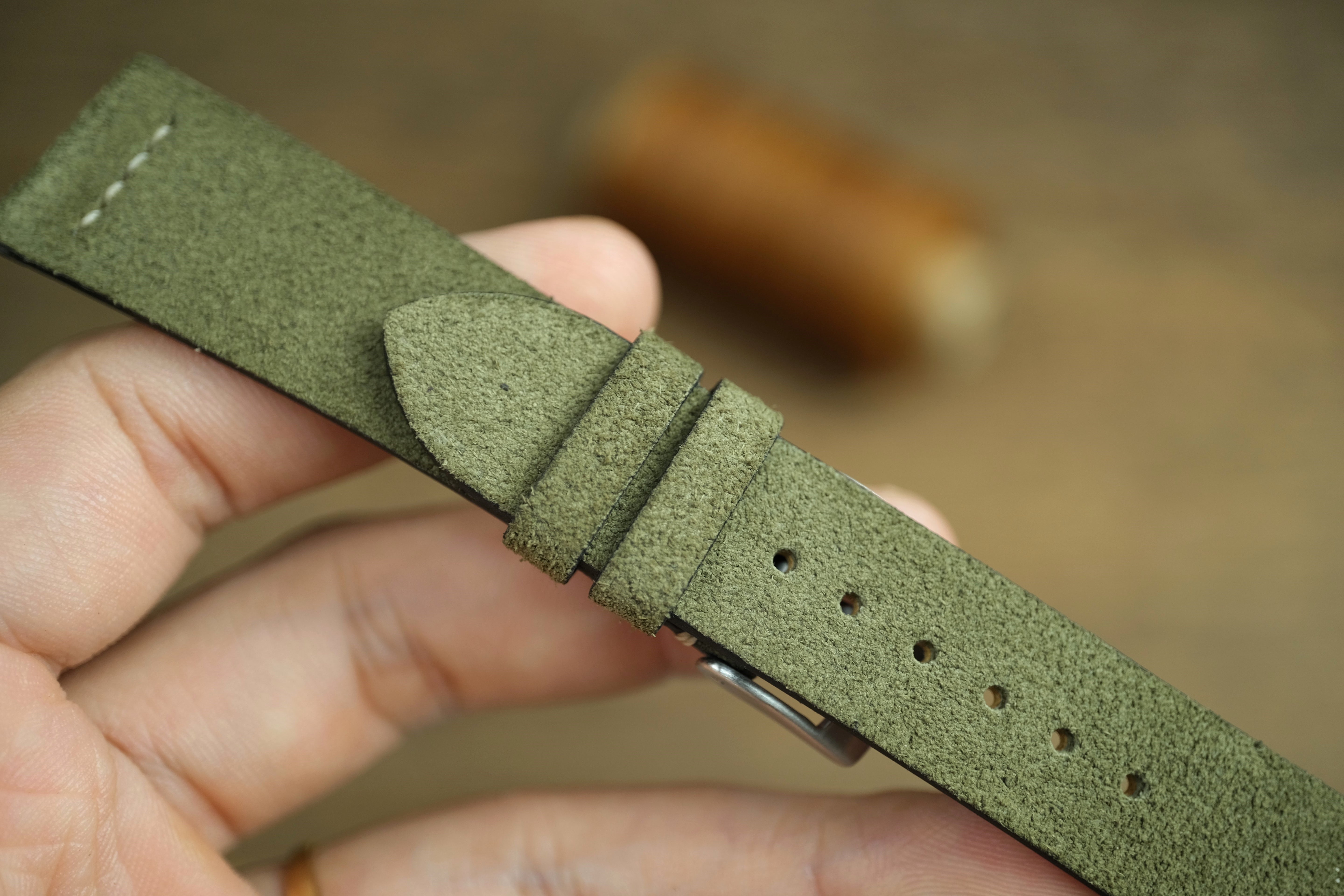 Olive Green Suede Leather Watch Strap, Row Stitch