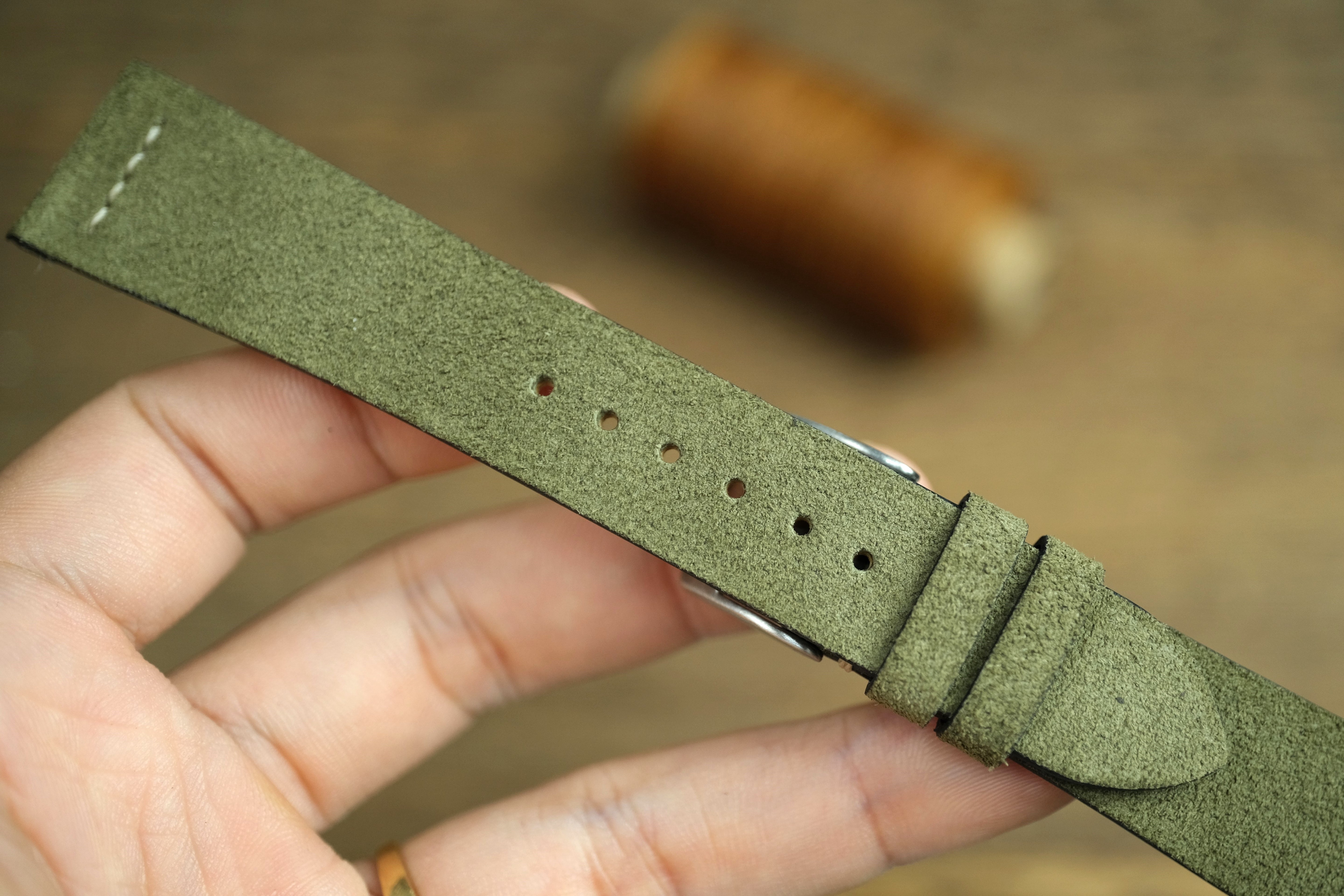 Olive Green Suede Leather Watch Strap, Row Stitch