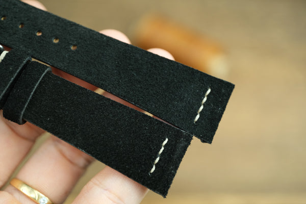 LEATHER WATCH STRAP, BLACK SUEDE LEATHER WATCH BAND ROW-STITCH