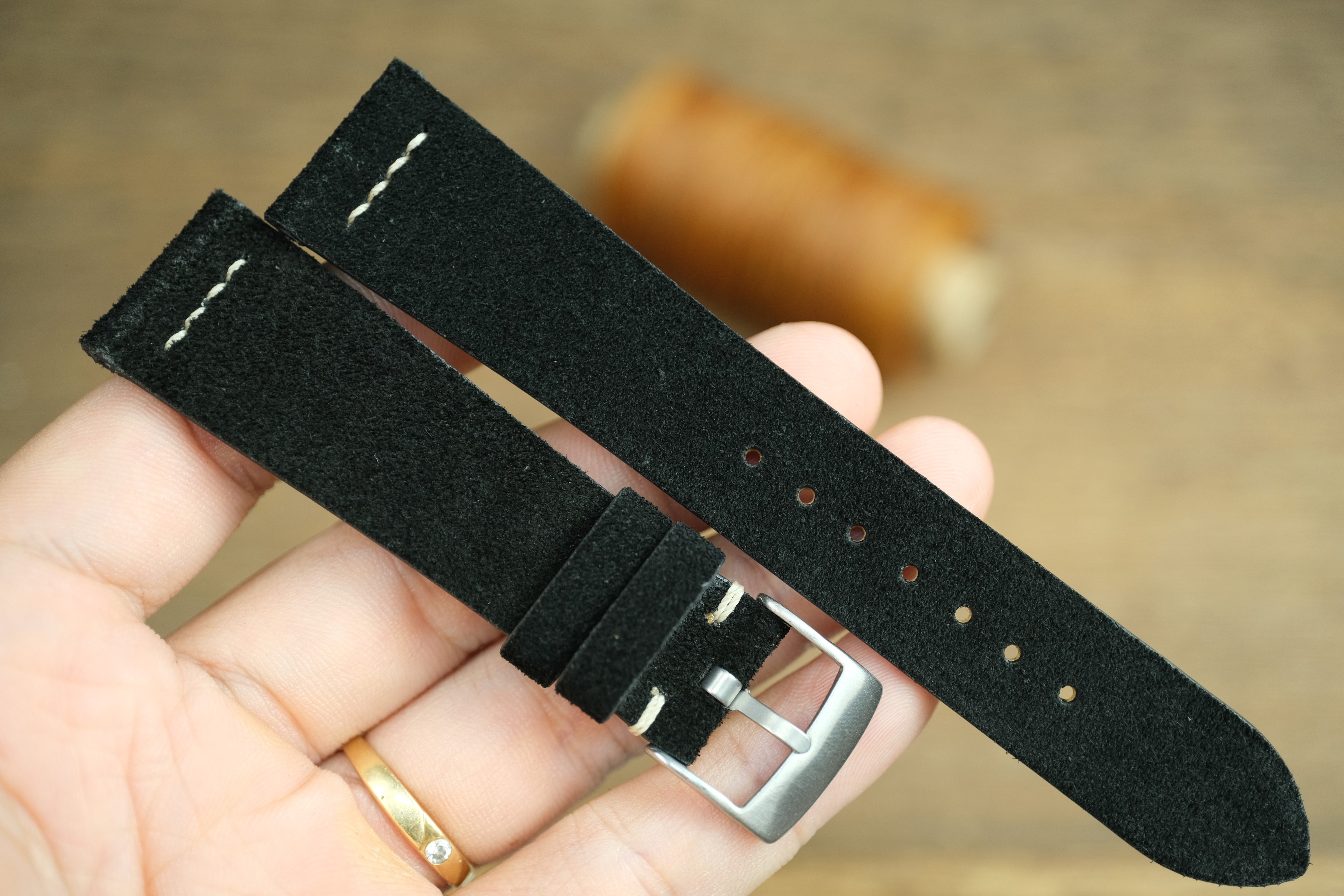 Black Suede Leather Watch Strap, Row Stitch
