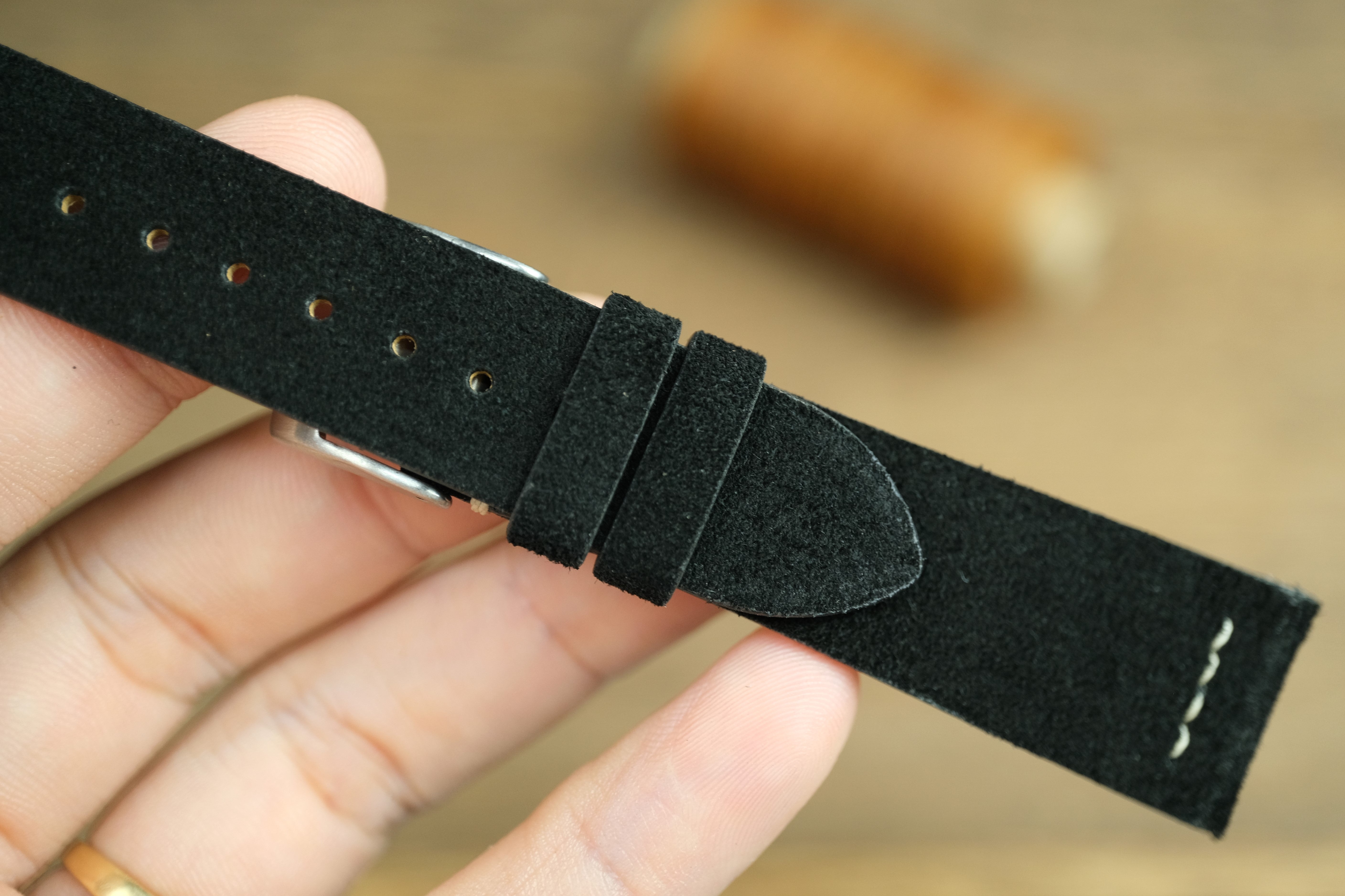 LEATHER WATCH STRAP, BLACK SUEDE LEATHER WATCH BAND ROW-STITCH