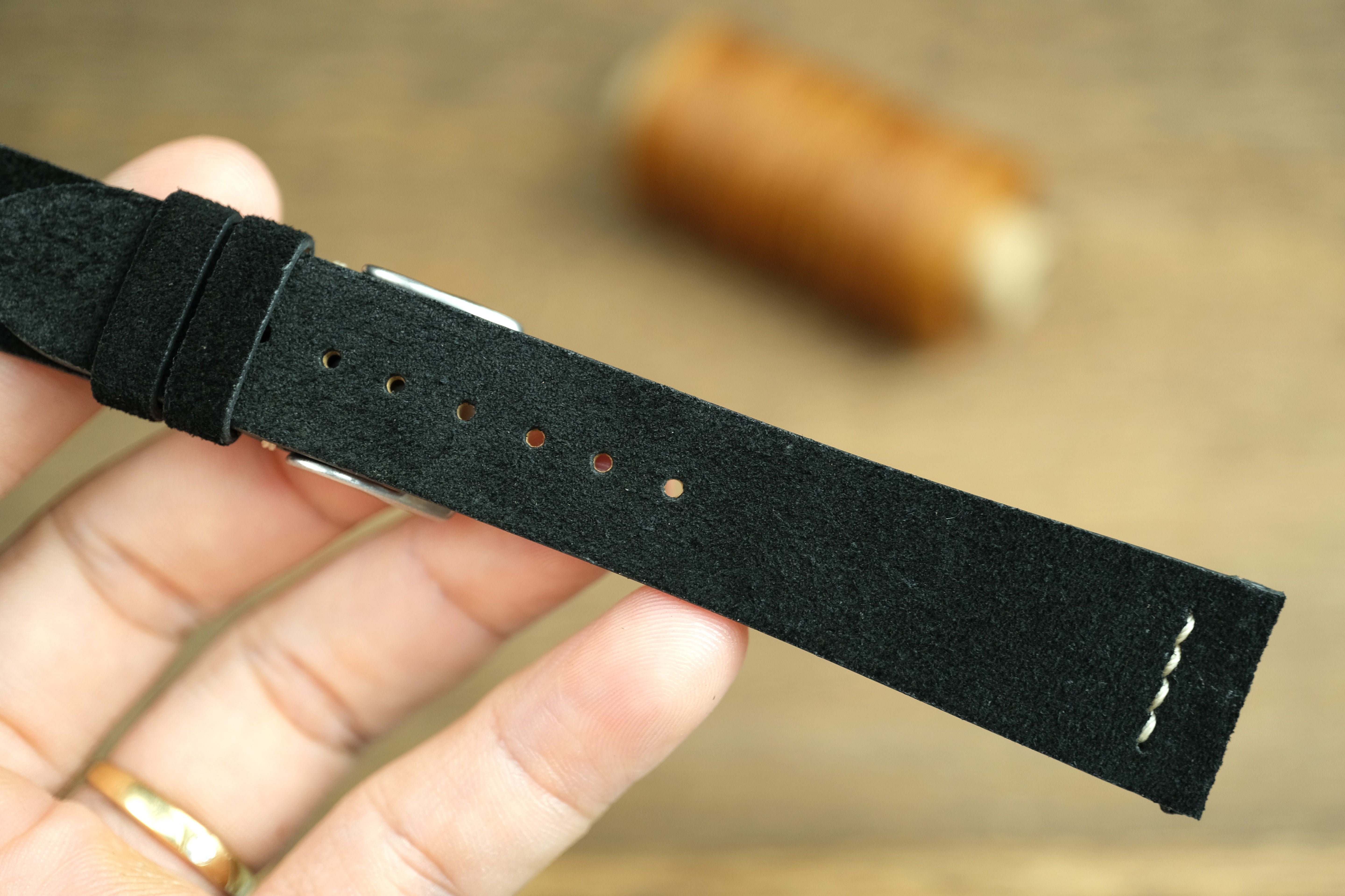 Black Suede Leather Watch Strap, Row Stitch