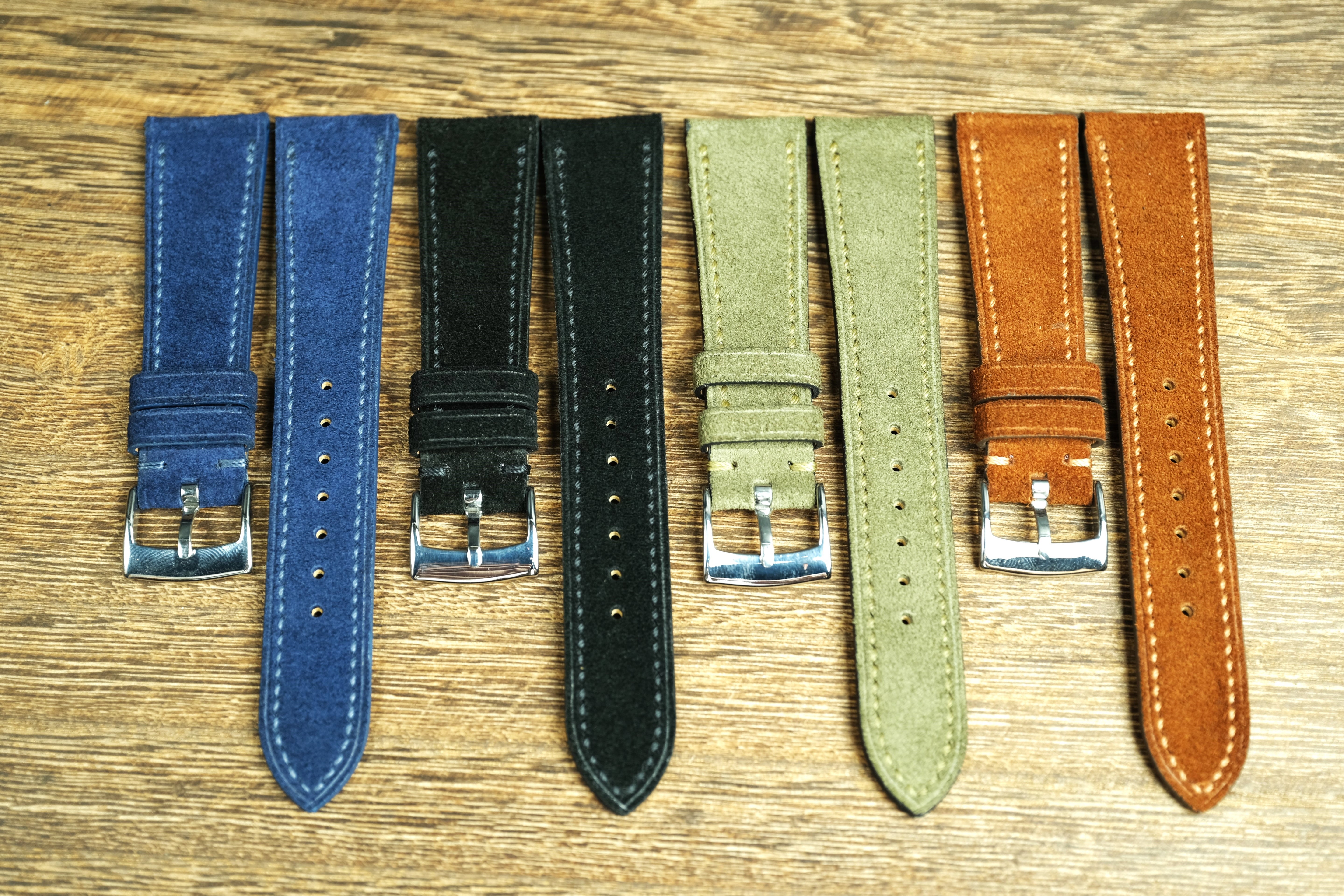 Olive Green Suede Leather Watch Strap, Side Stitch