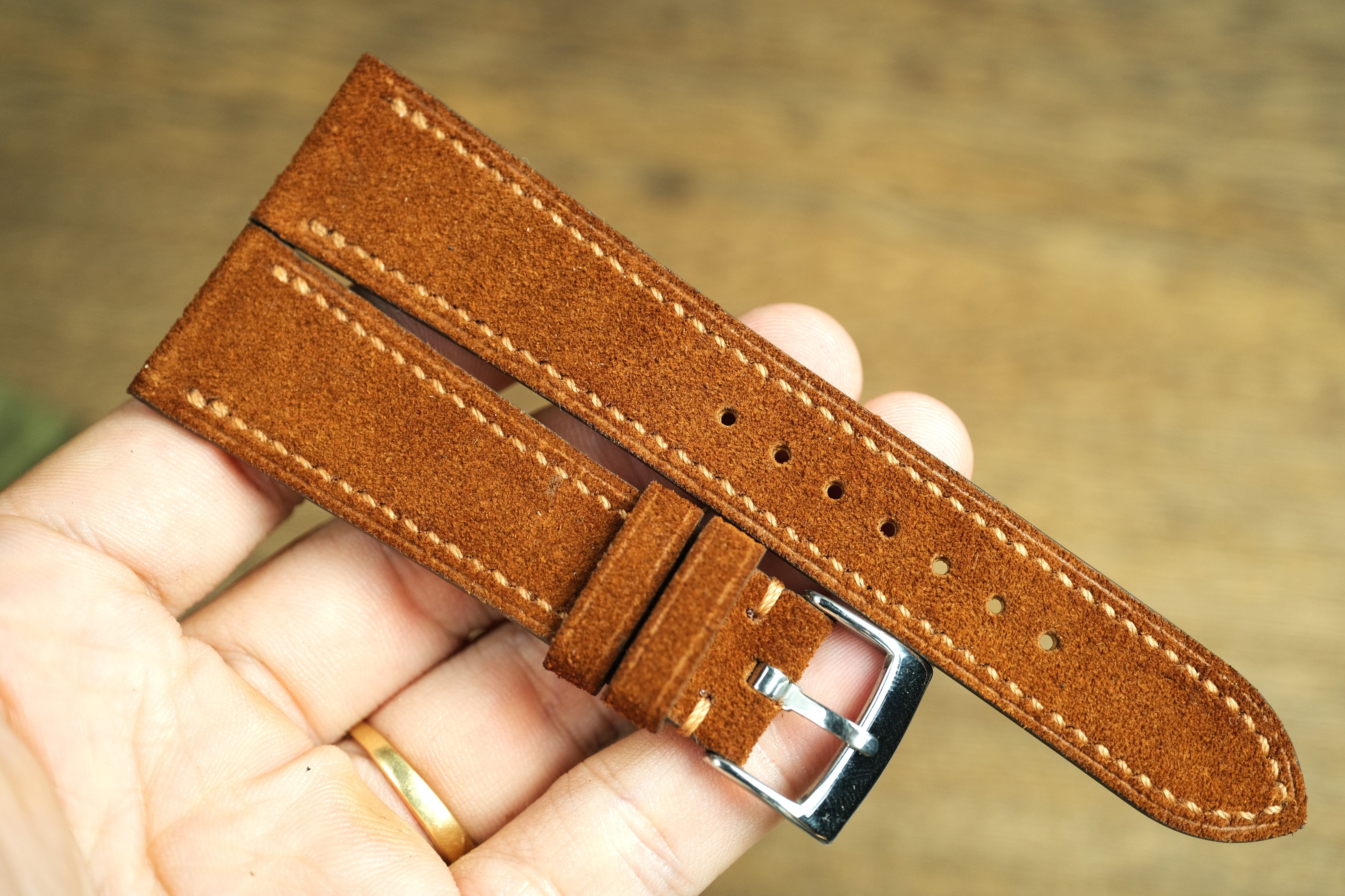 LEATHER WATCH STRAP, BROWN SUEDE LEATHER WATCH BAND SIDE STITCH