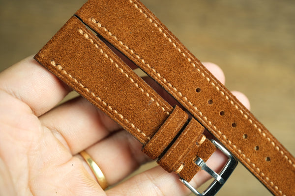 LEATHER WATCH STRAP, BROWN SUEDE LEATHER WATCH BAND SIDE STITCH