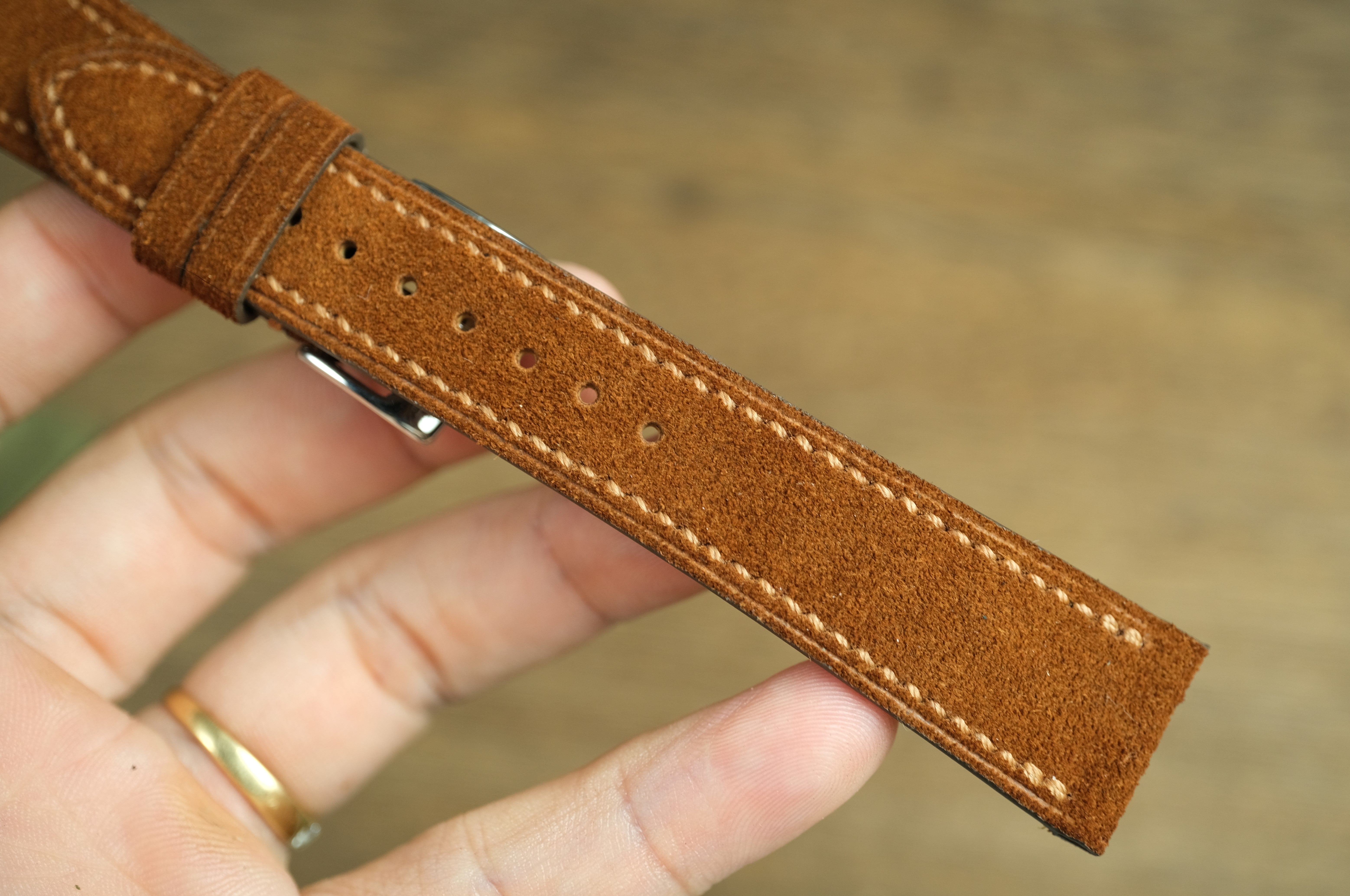 LEATHER WATCH STRAP, BROWN SUEDE LEATHER WATCH BAND SIDE STITCH