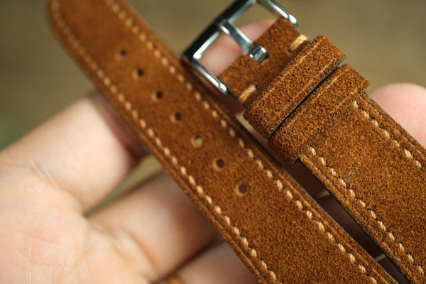 LEATHER WATCH STRAP, BROWN SUEDE LEATHER WATCH BAND SIDE STITCH