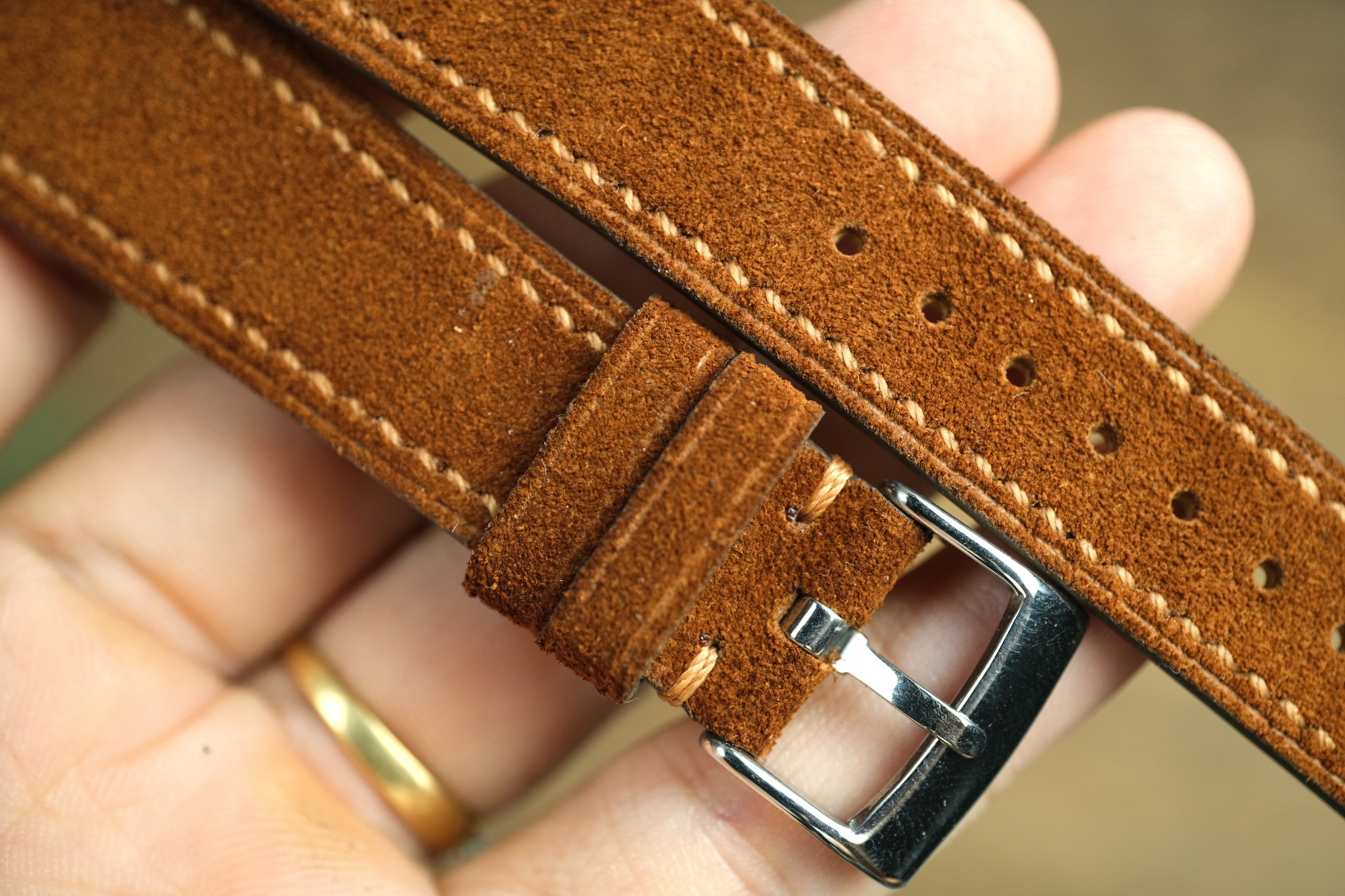 Brown Suede Leather Watch Strap, Side Stitch