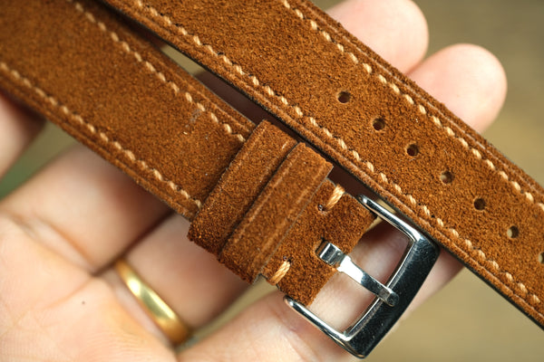 LEATHER WATCH STRAP, BROWN SUEDE LEATHER WATCH BAND SIDE STITCH