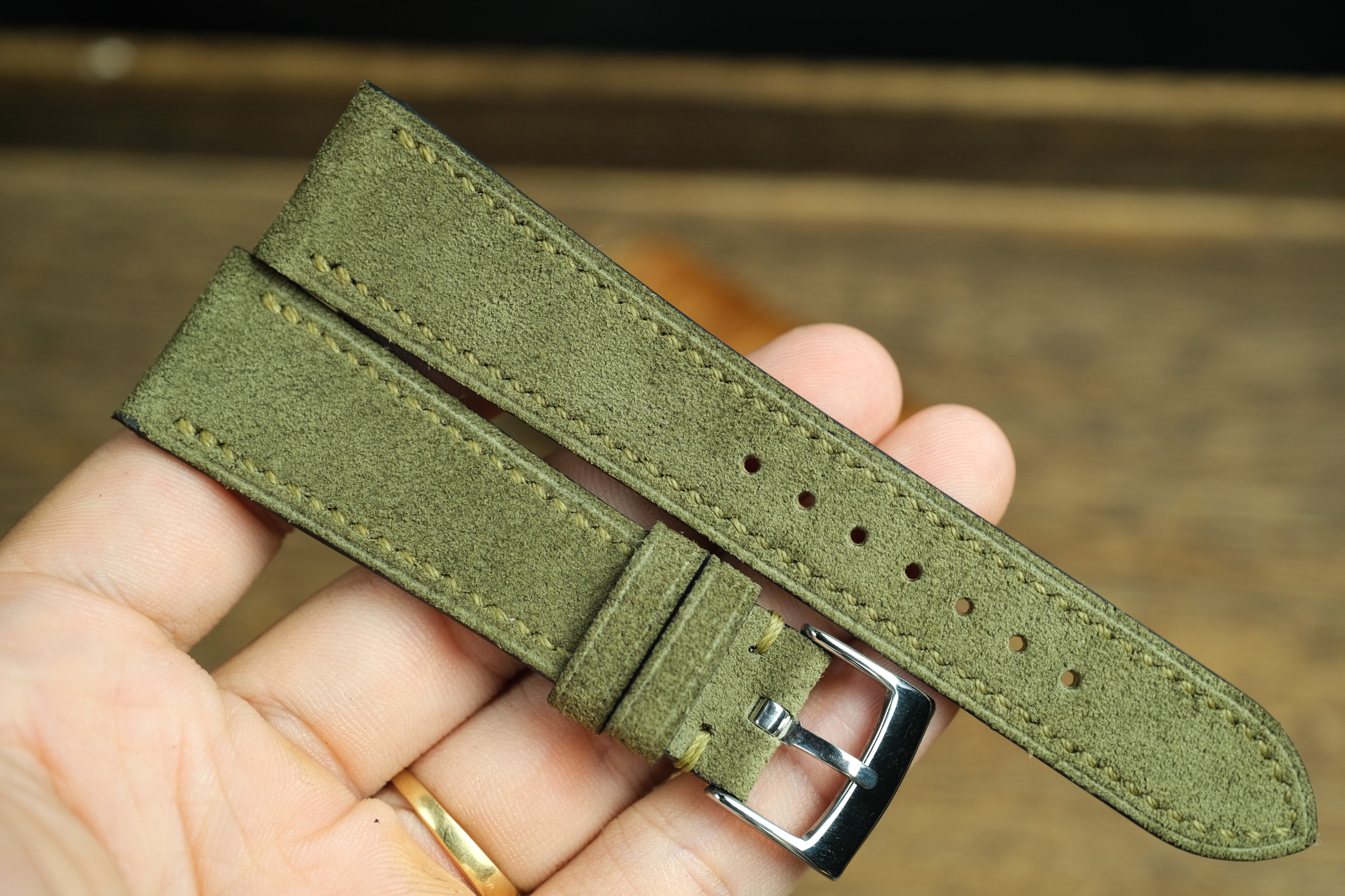 Olive Green Suede Leather Watch Strap, Side Stitch