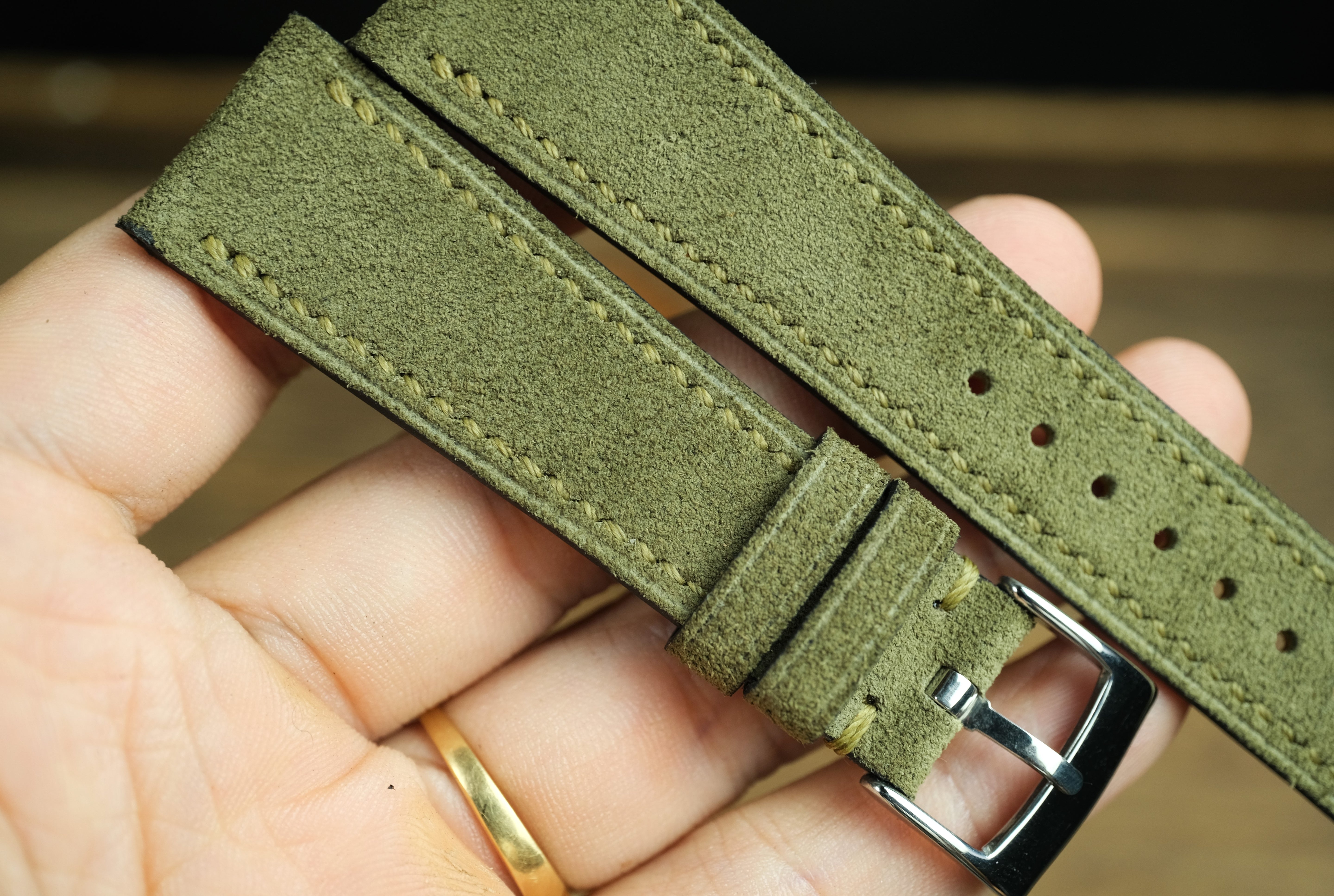 Olive Green Suede Leather Watch Strap, Side Stitch