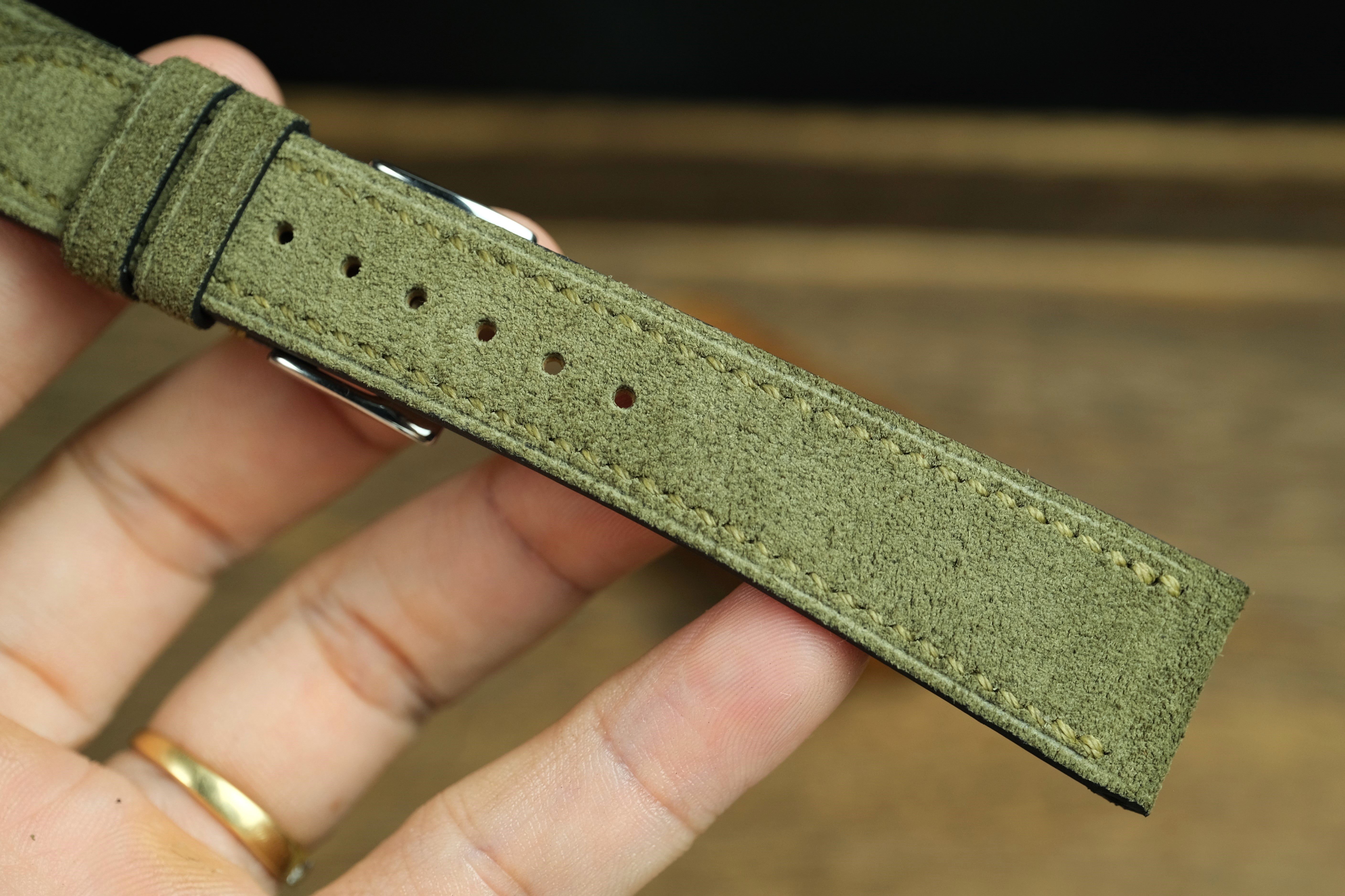 Olive Green Suede Leather Watch Strap, Side Stitch