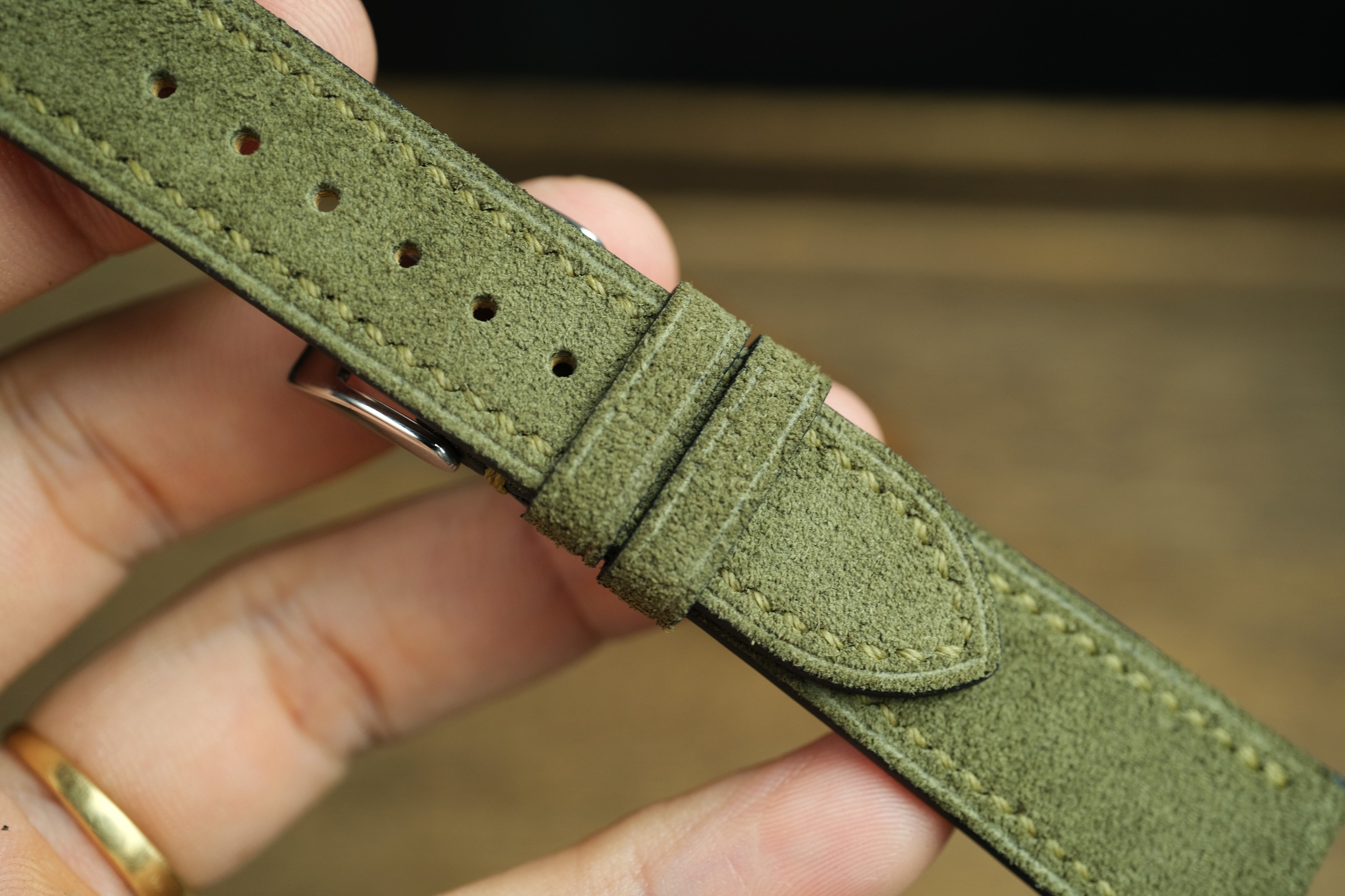 Olive Green Suede Leather Watch Strap, Side Stitch