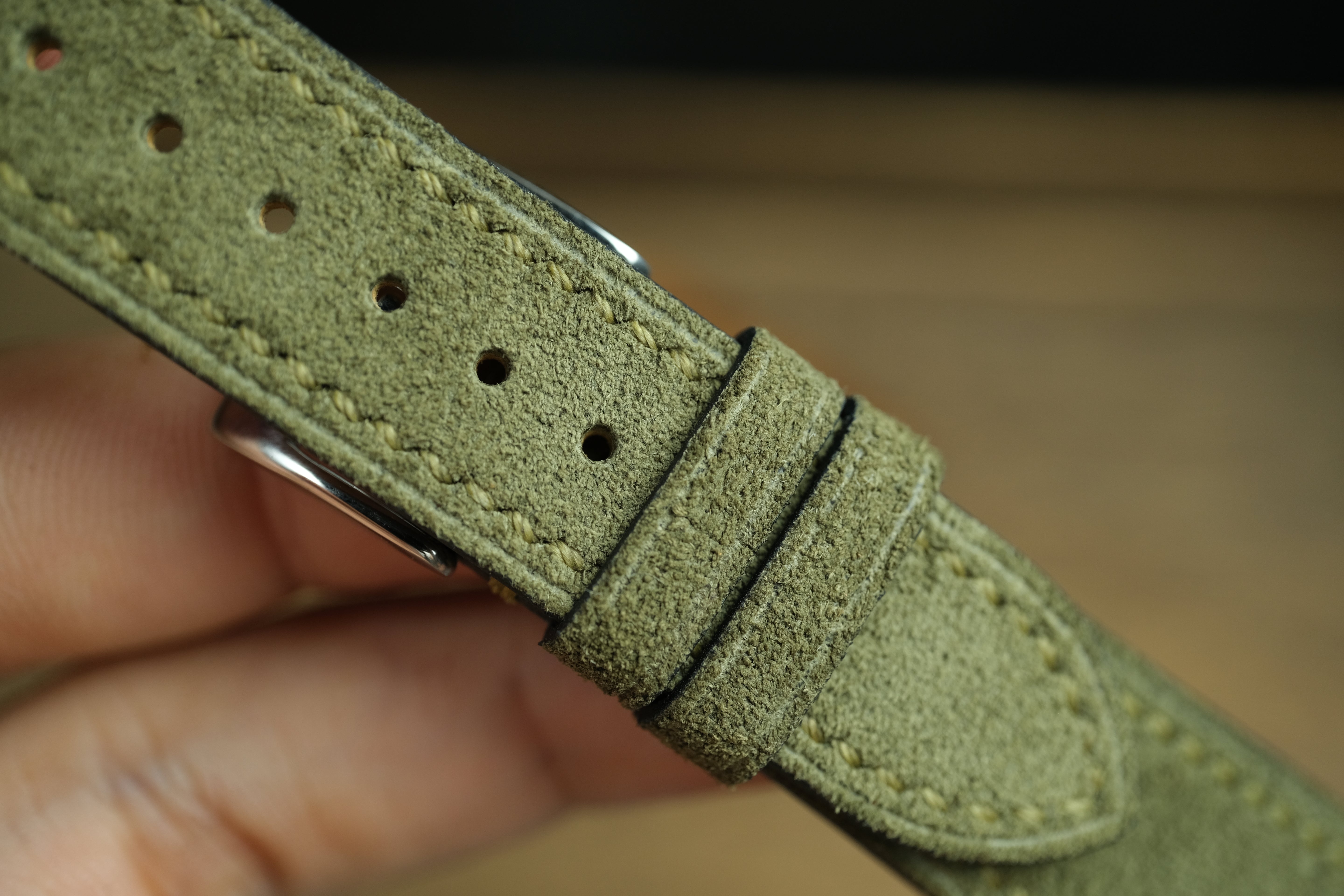 Olive Green Suede Leather Watch Strap, Side Stitch