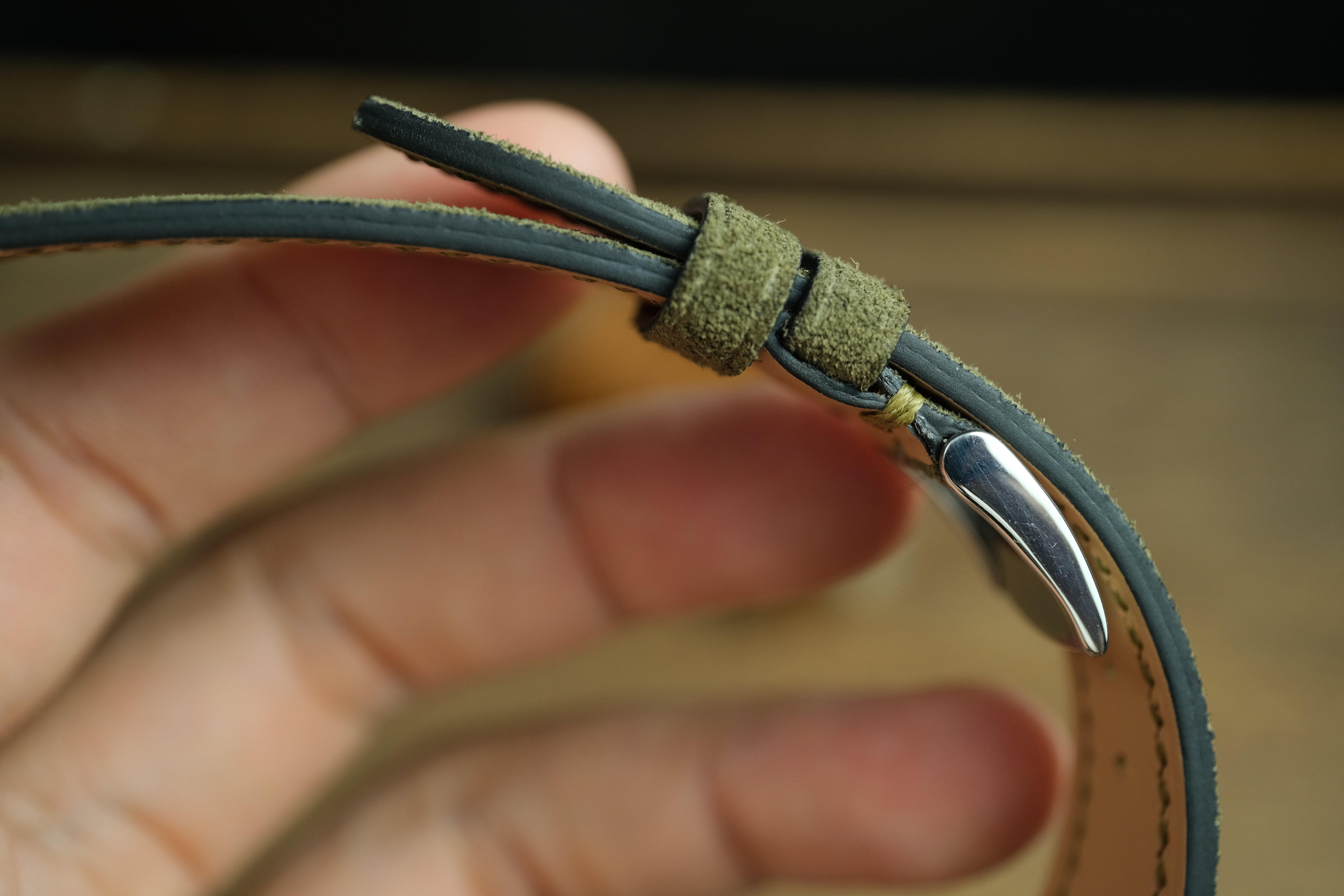Olive Green Suede Leather Watch Strap, Side Stitch