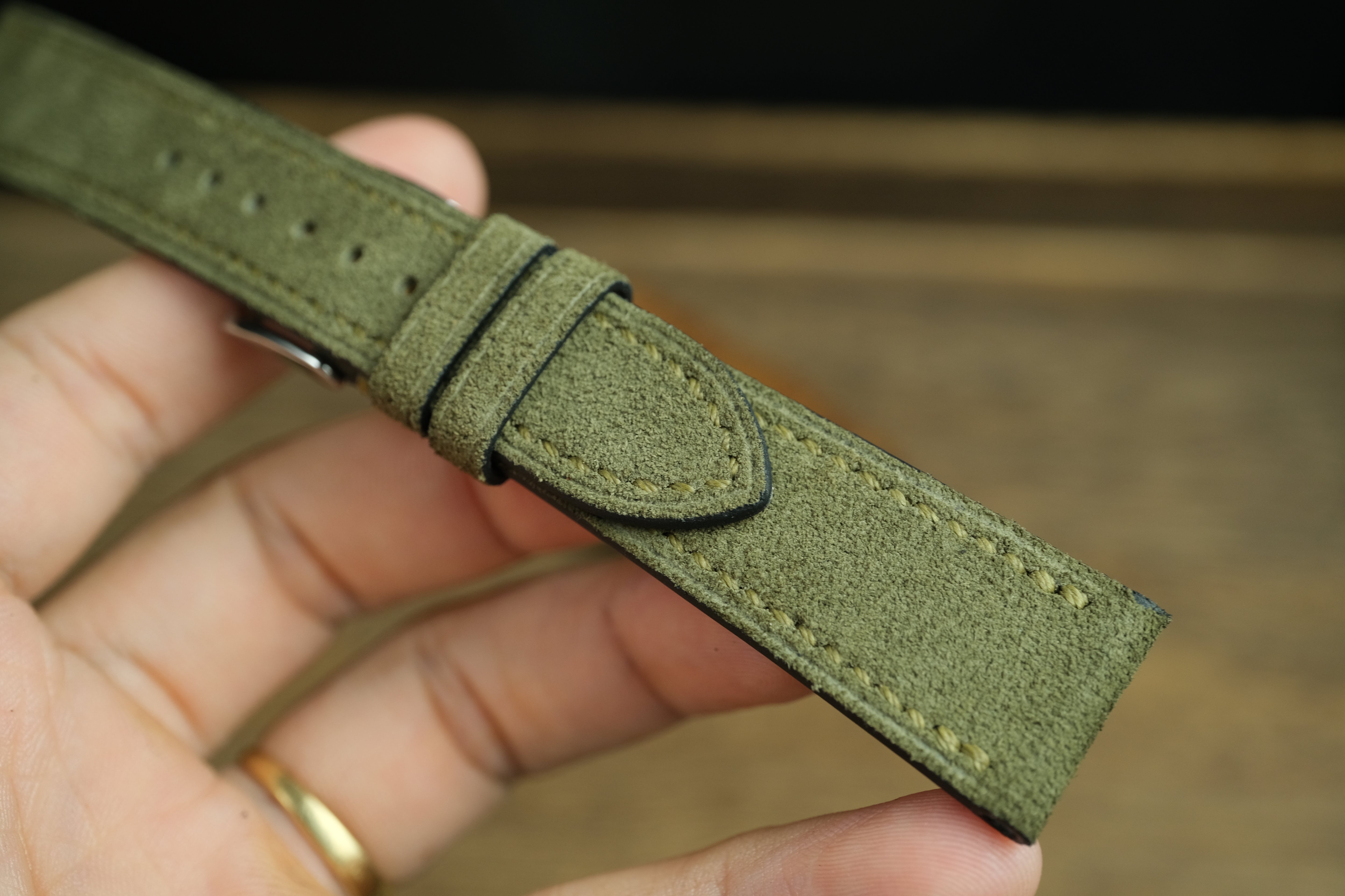 Olive Green Suede Leather Watch Strap, Side Stitch