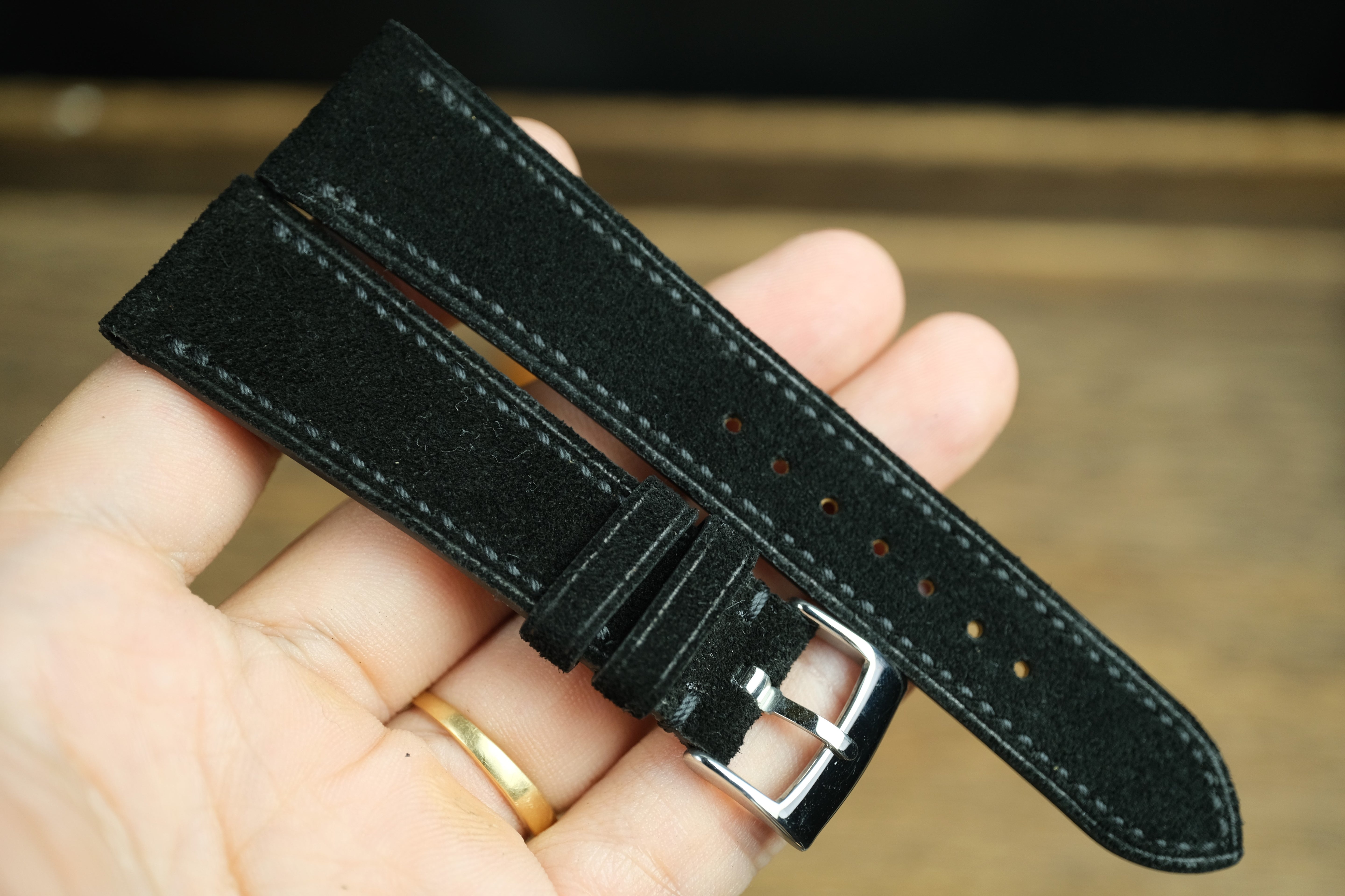 Black Suede Leather Watch Strap, Side Stitch