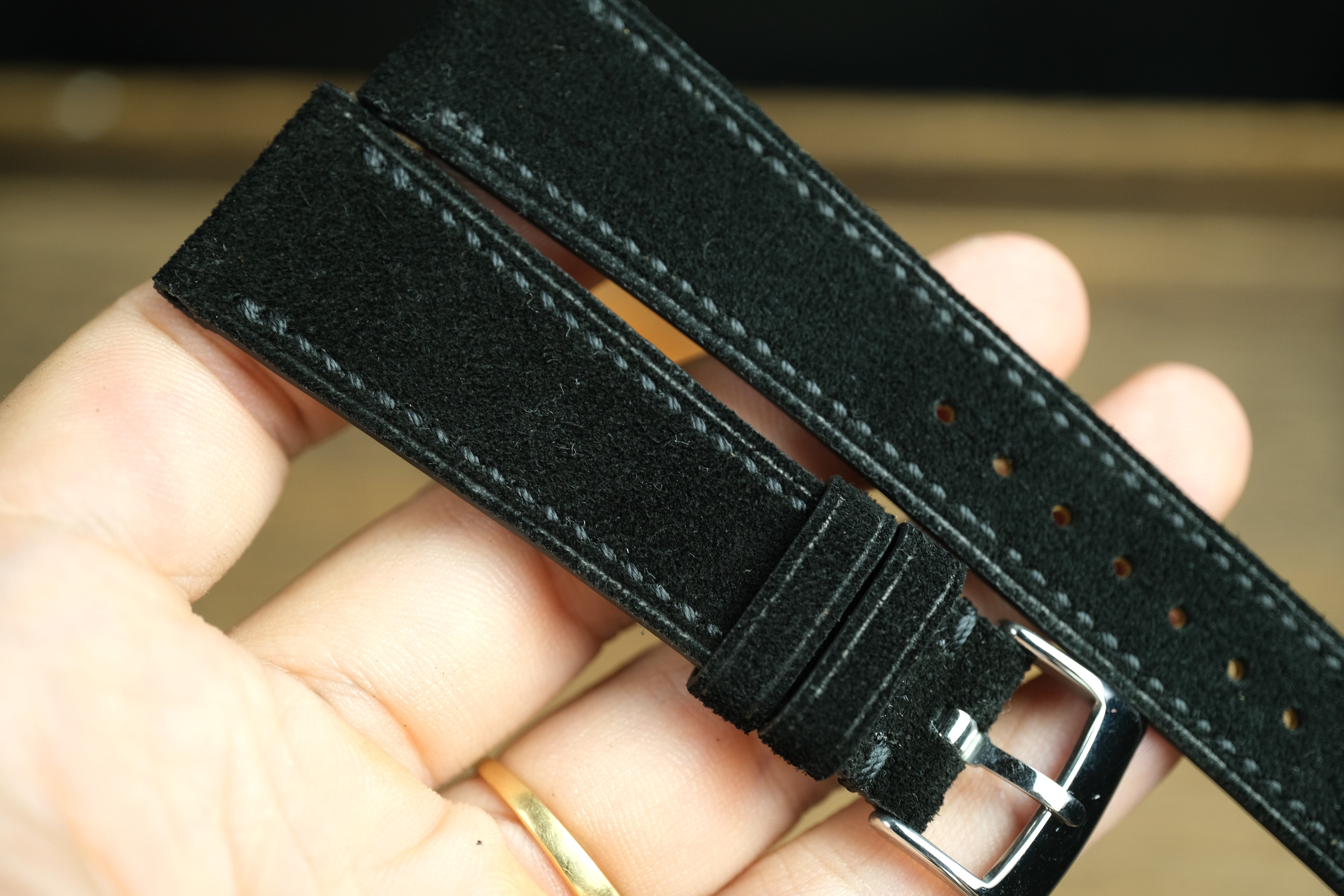Black Suede Leather Watch Strap, Side Stitch