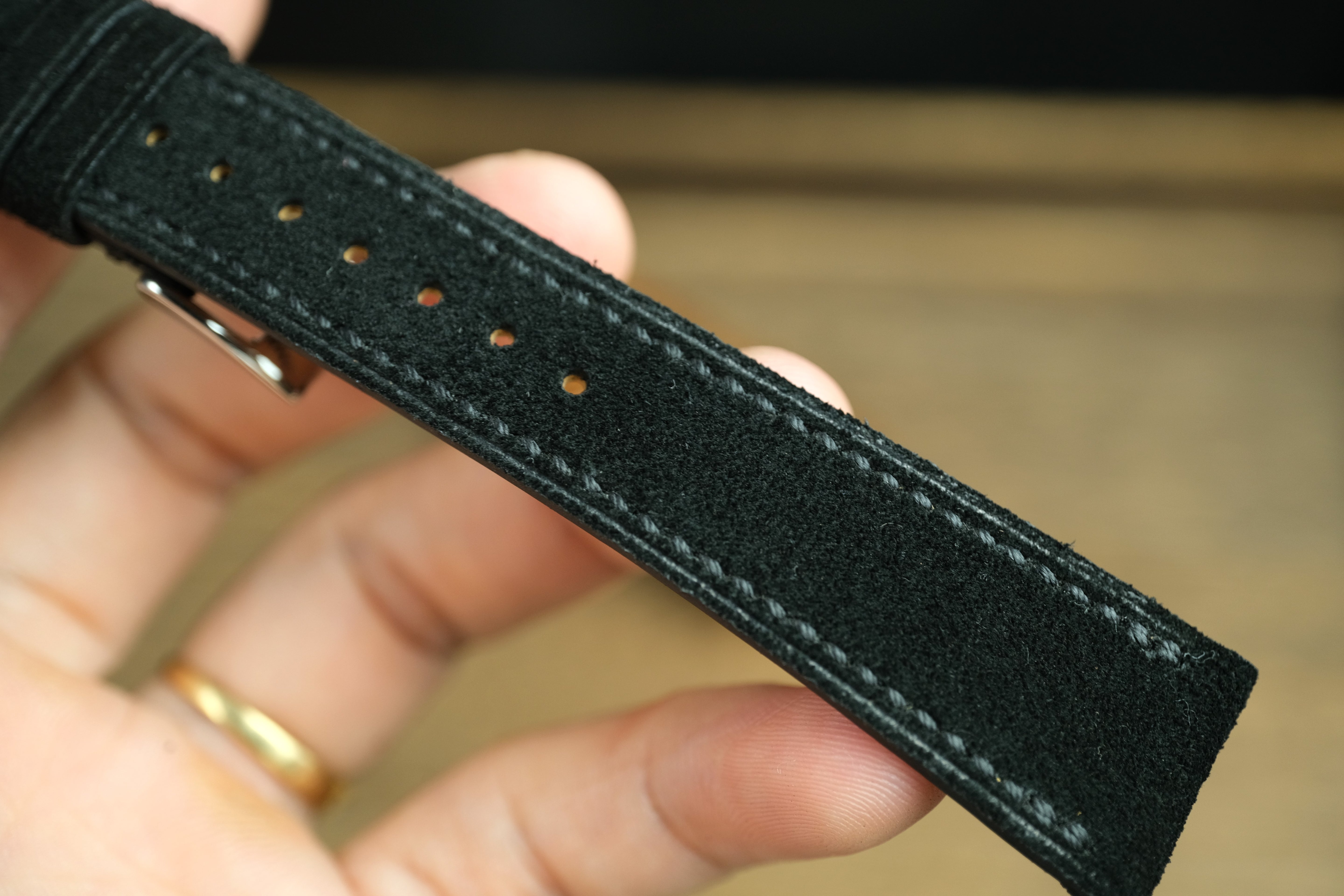 Black Suede Leather Watch Strap, Side Stitch