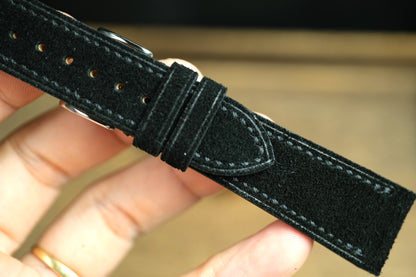 Black Suede Leather Watch Strap, Side Stitch