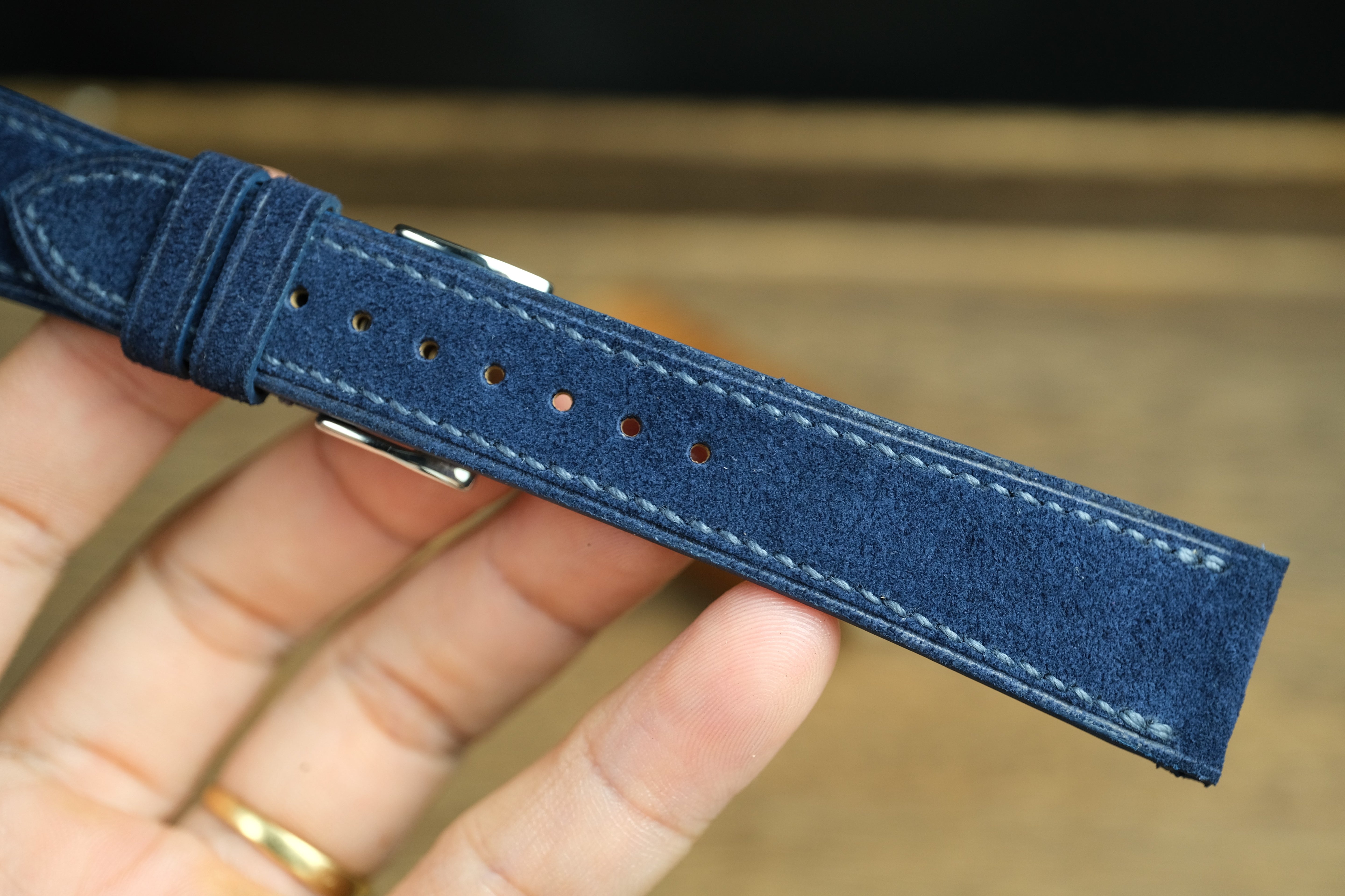 Blue Suede Leather Watch Strap, Side Stitch