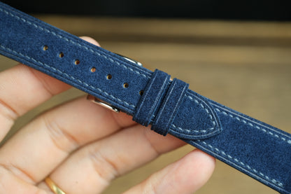 Blue Suede Leather Watch Strap, Side Stitch