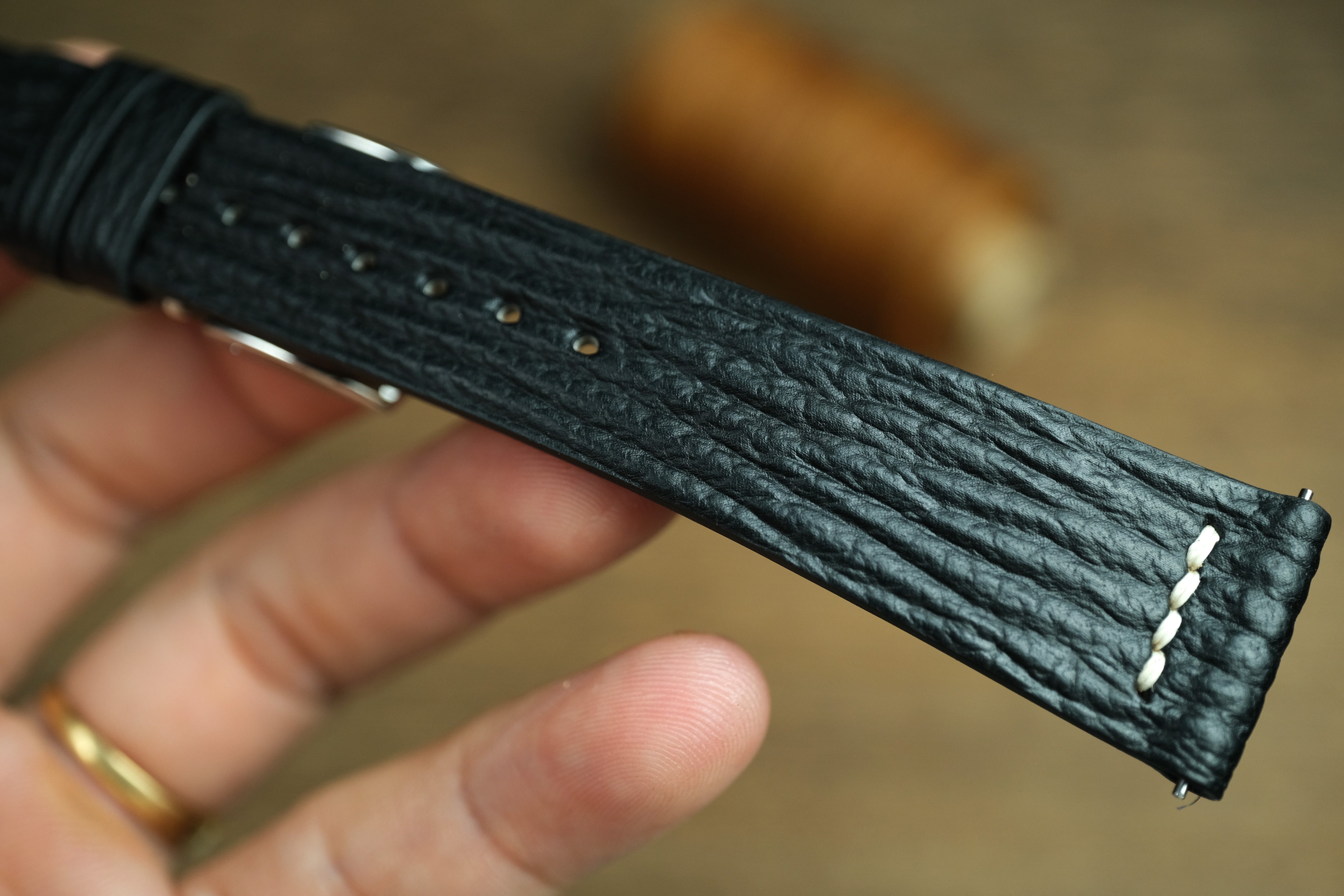 Black Shark Leather Watch Strap, Row-Stitch