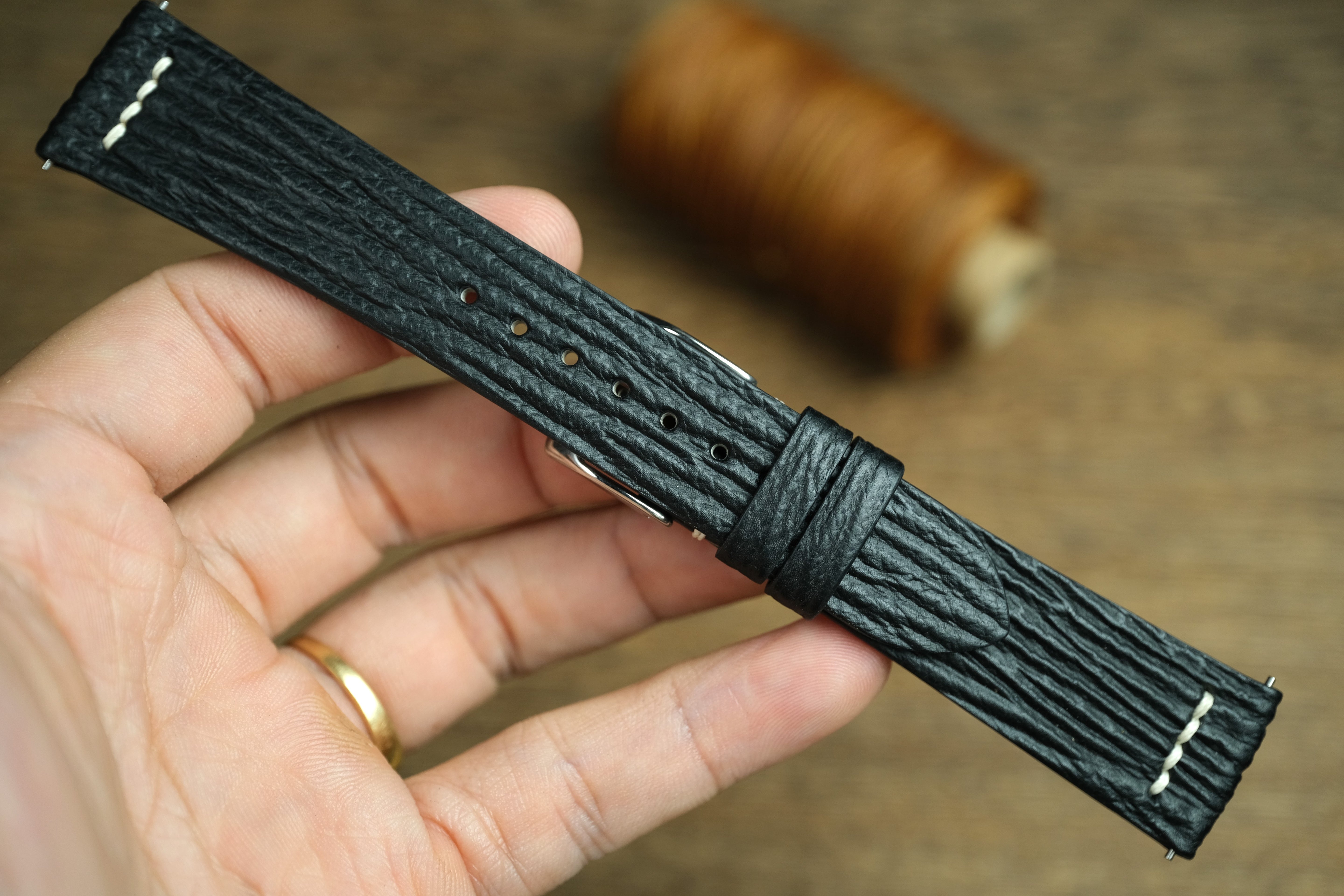 Black Shark Leather Watch Strap, Row-Stitch