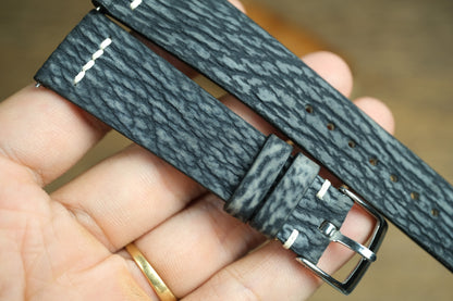 Row-Stitch Shark Leather Watch Strap in Black Grey