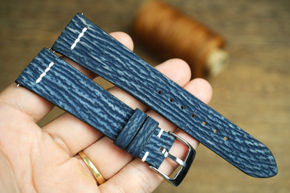 Handmade Blue Shark Leather Row-Stitch Watch Strap