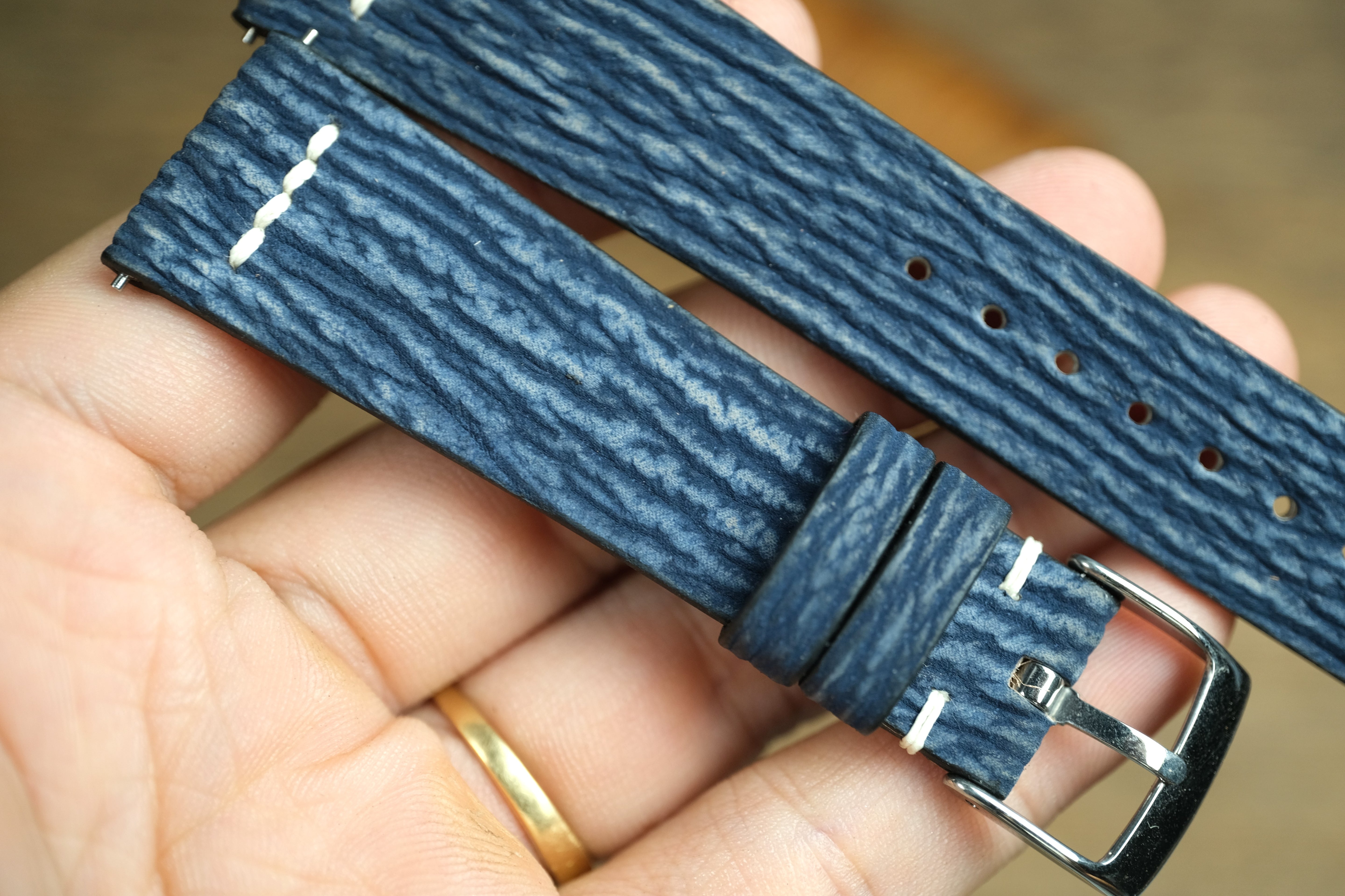 Handmade Blue Shark Leather Row-Stitch Watch Strap