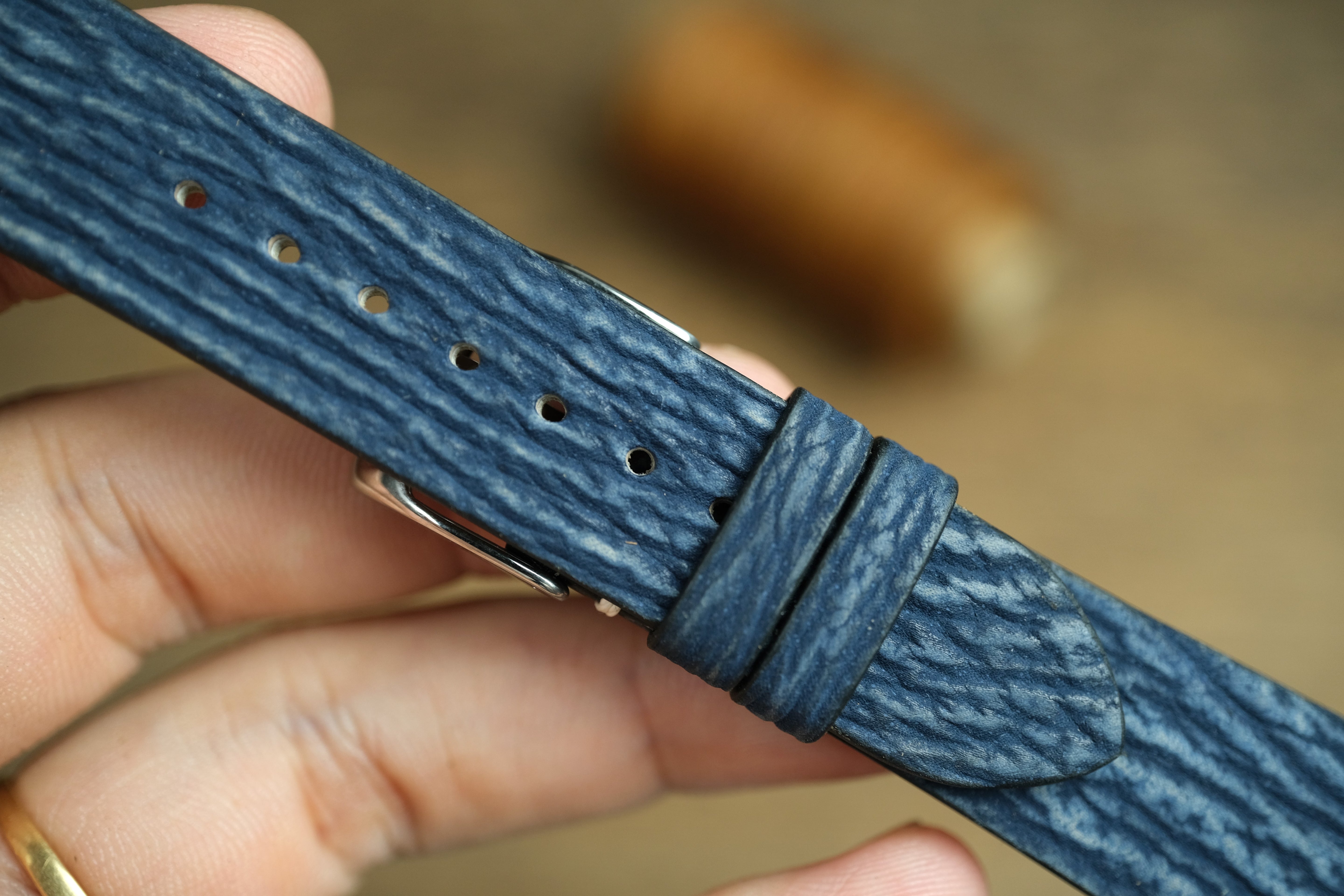 Handmade Blue Shark Leather Row-Stitch Watch Strap