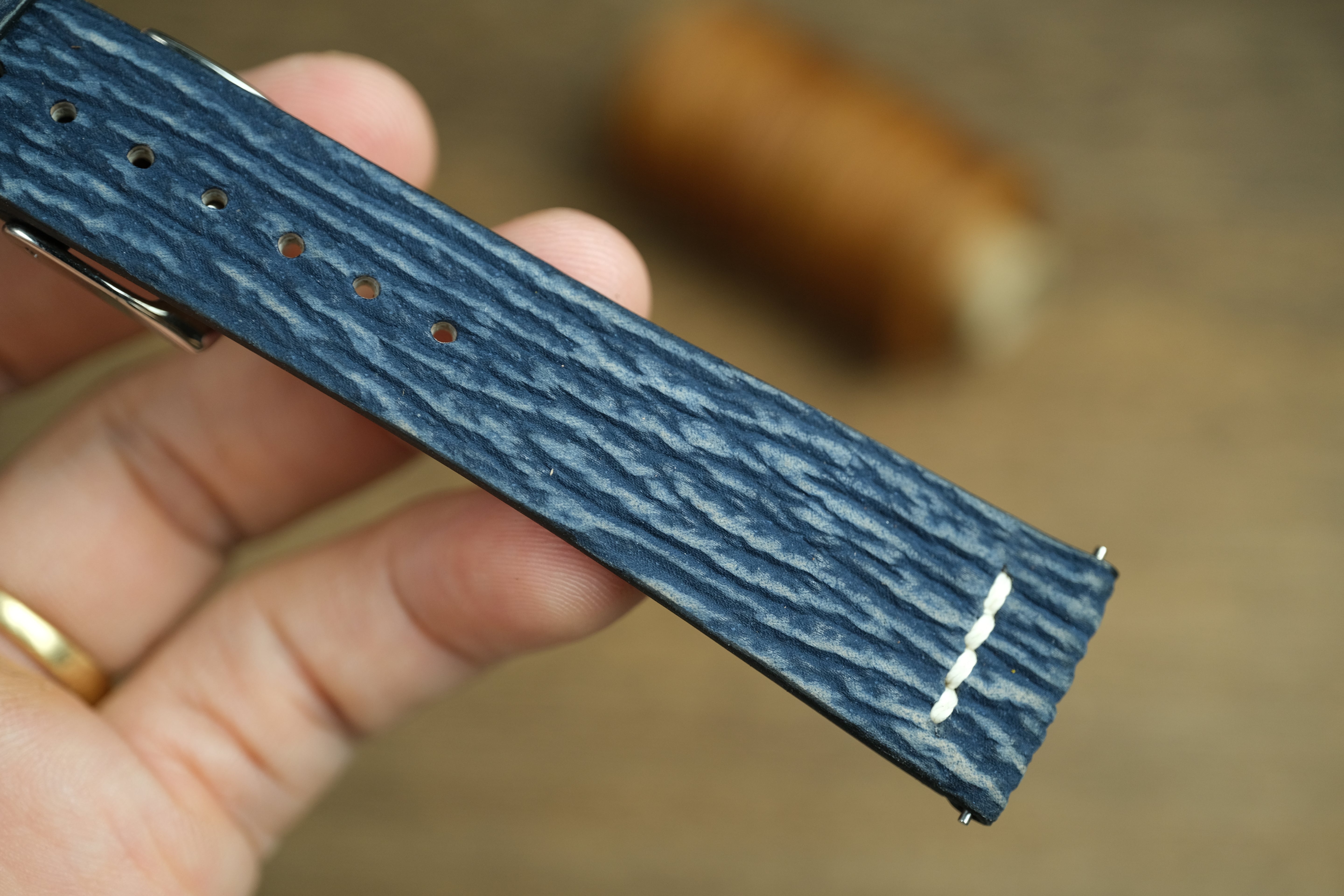 Handmade Blue Shark Leather Row-Stitch Watch Strap
