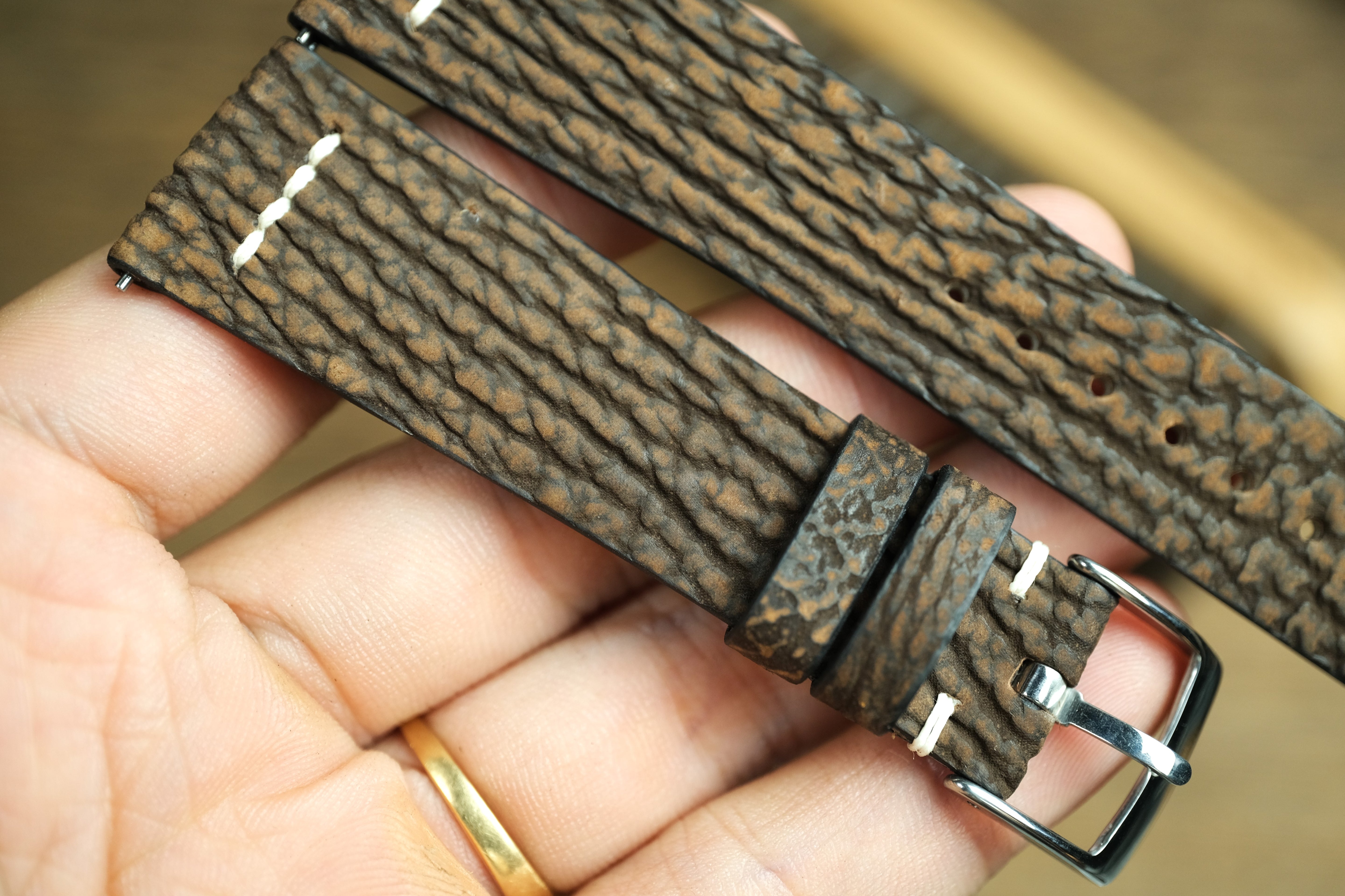 Handmade Brown Shark Leather Row-Stitch Watch Strap