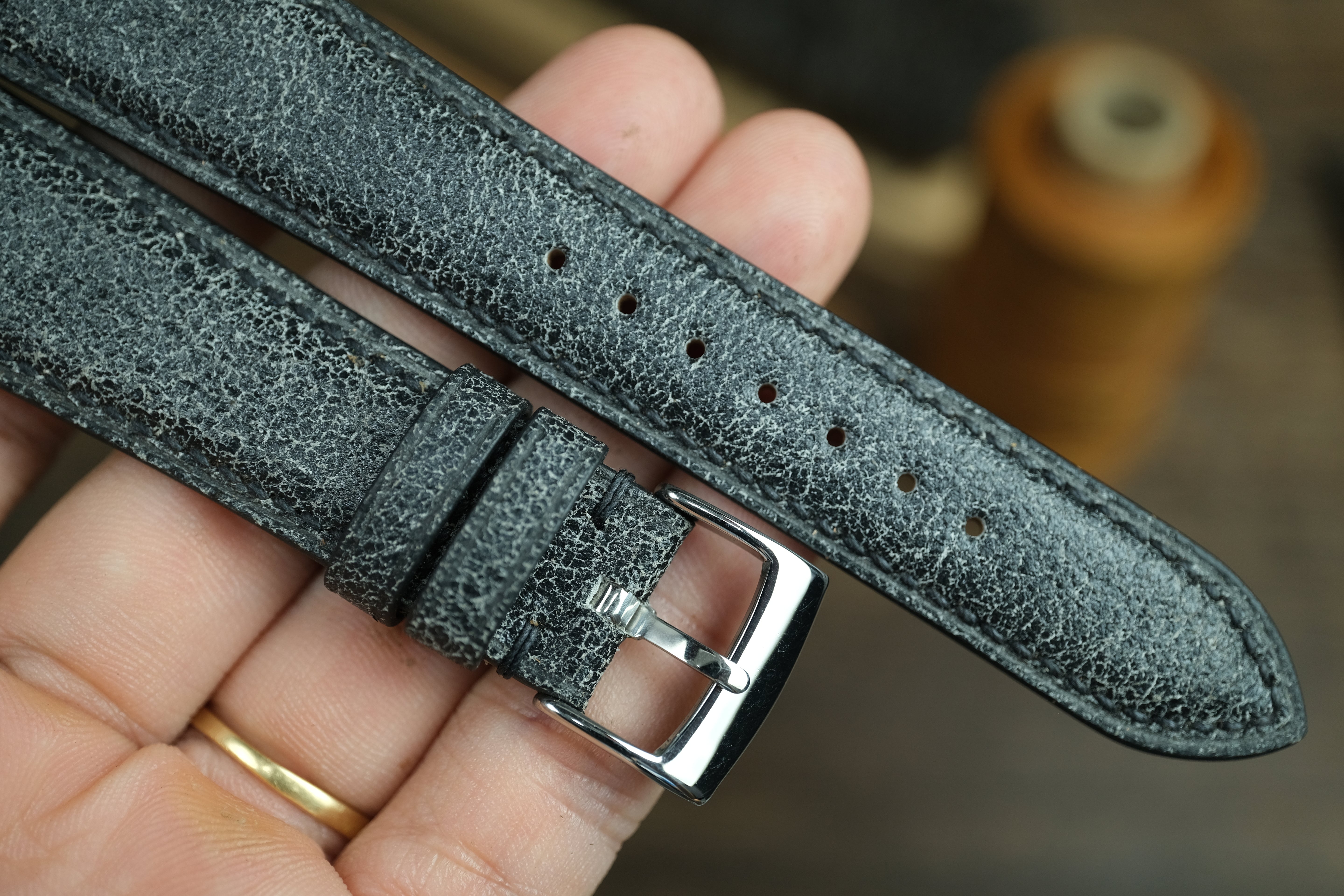 Black Distressed Leather Watch Strap