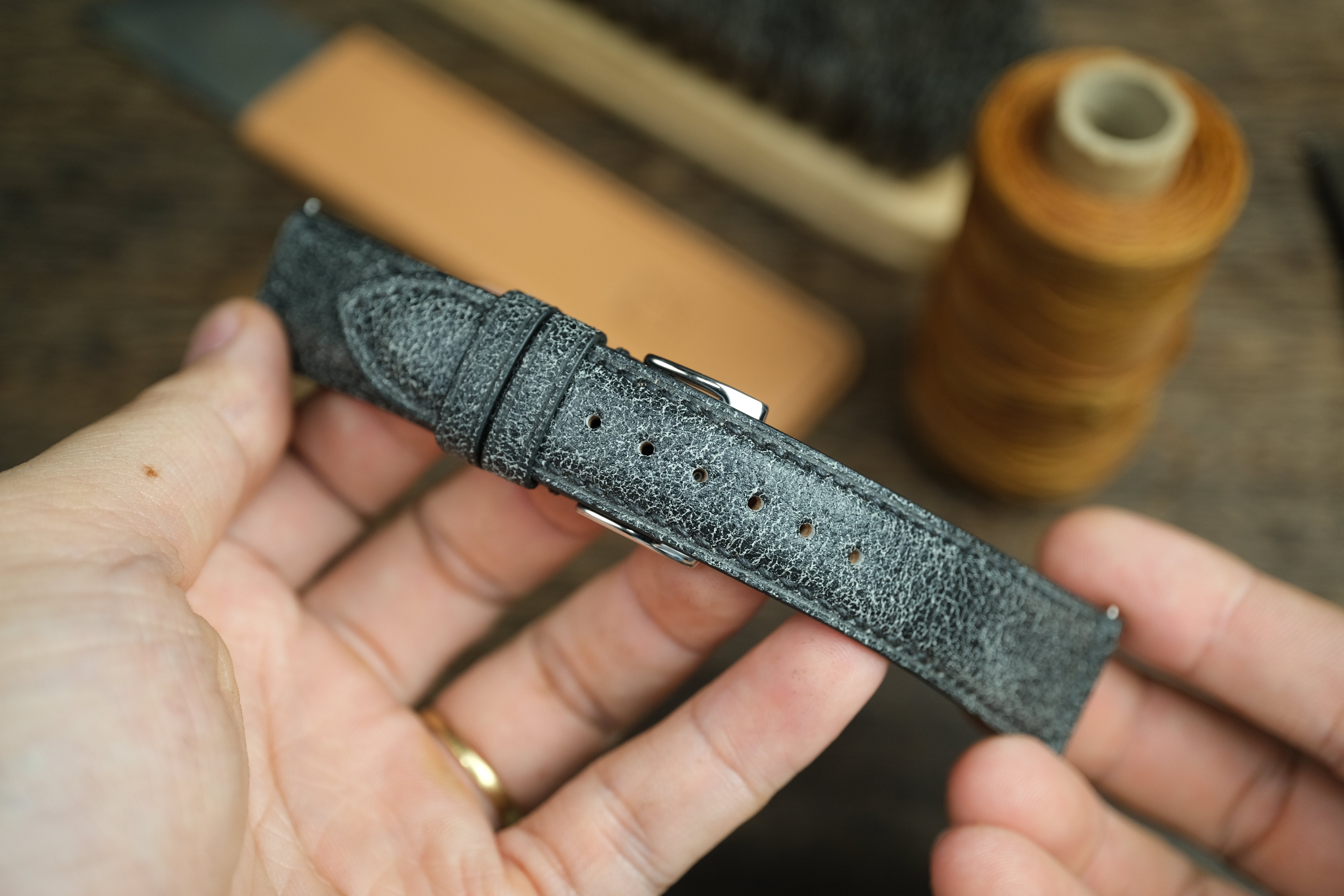 LEATHER WATCH STRAP, BLACK DISTRESSED LEATHER WATCH BAND.