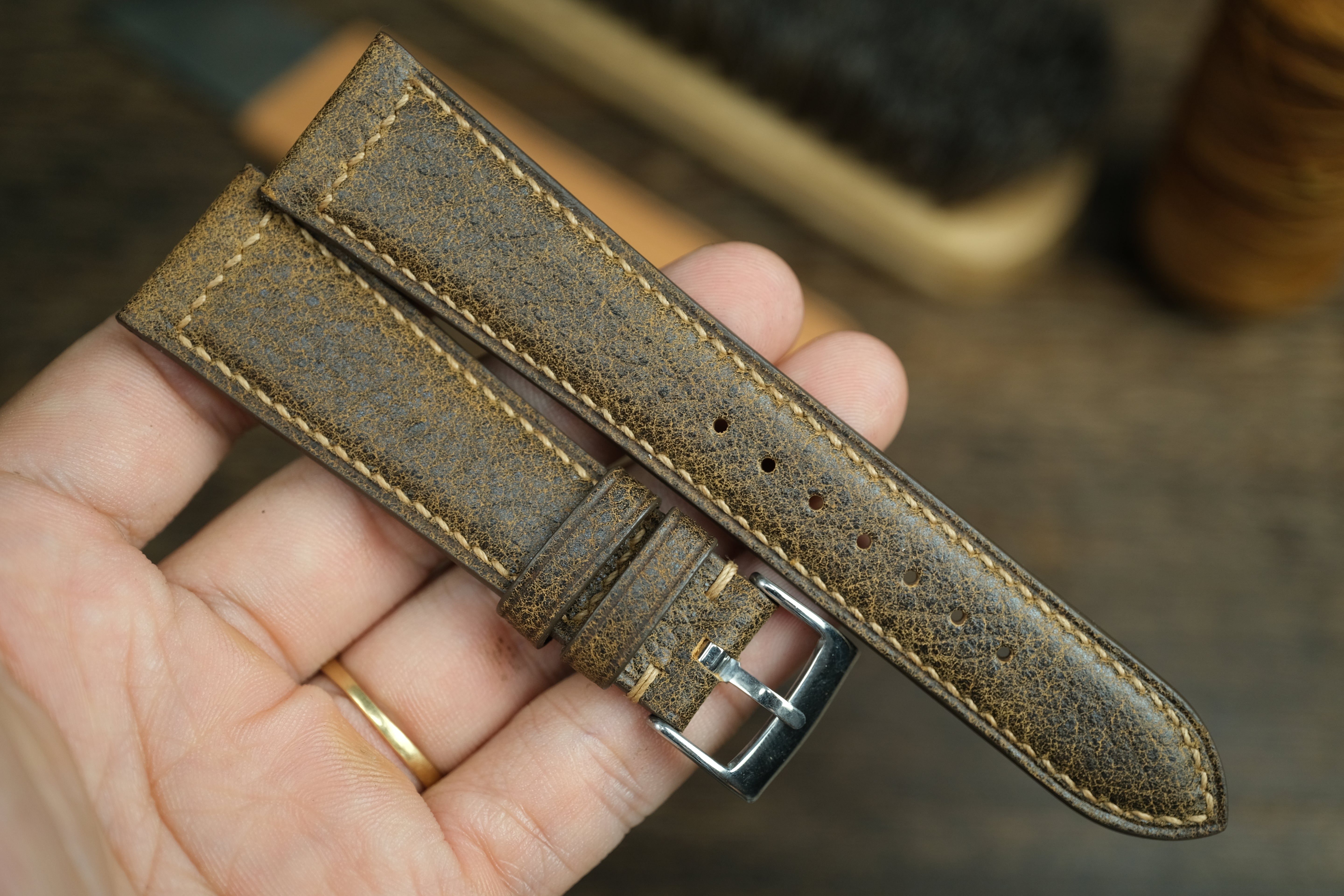 Black/Gold Distressed Leather Watch Strap
