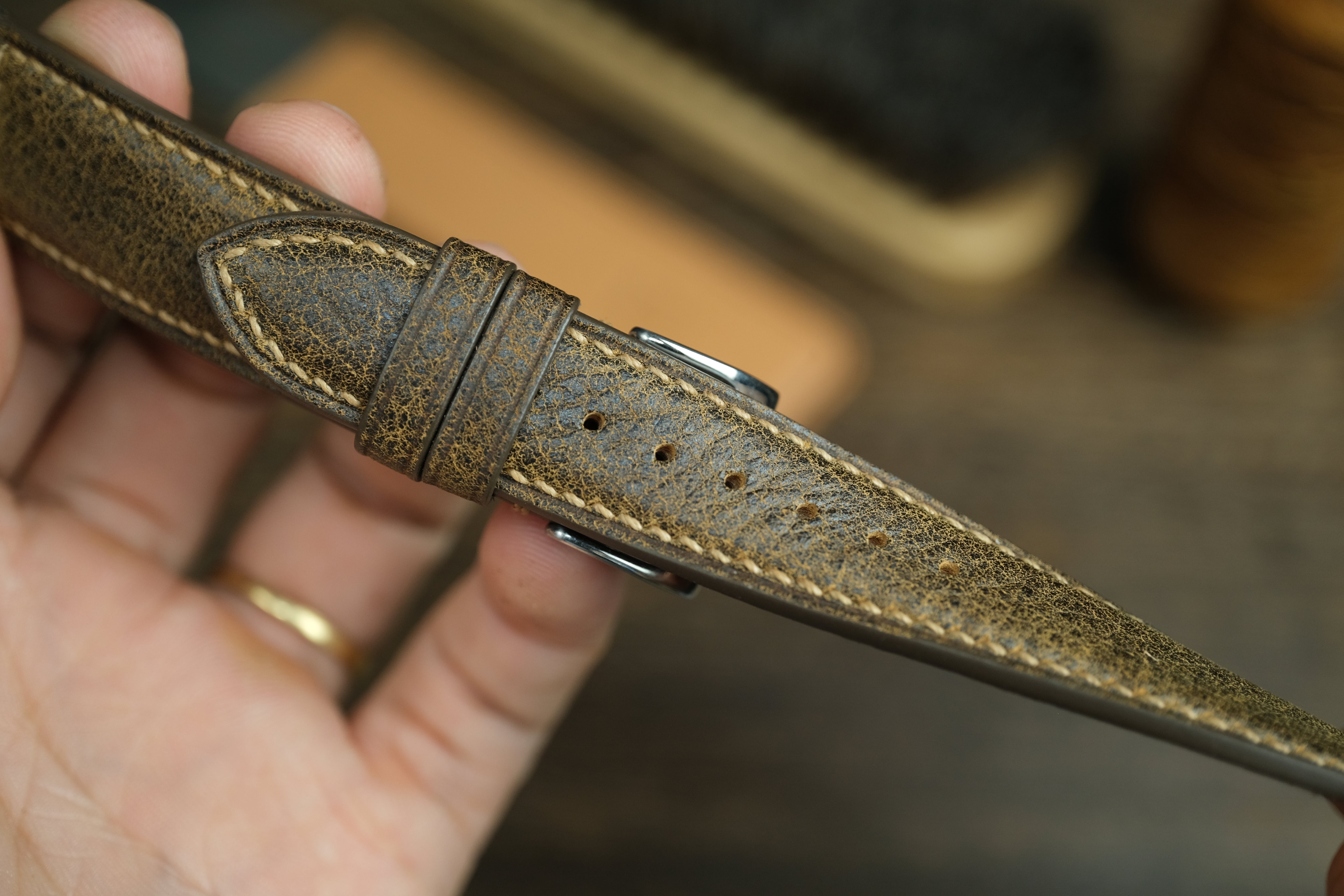 Black/Gold Distressed Leather Watch Strap