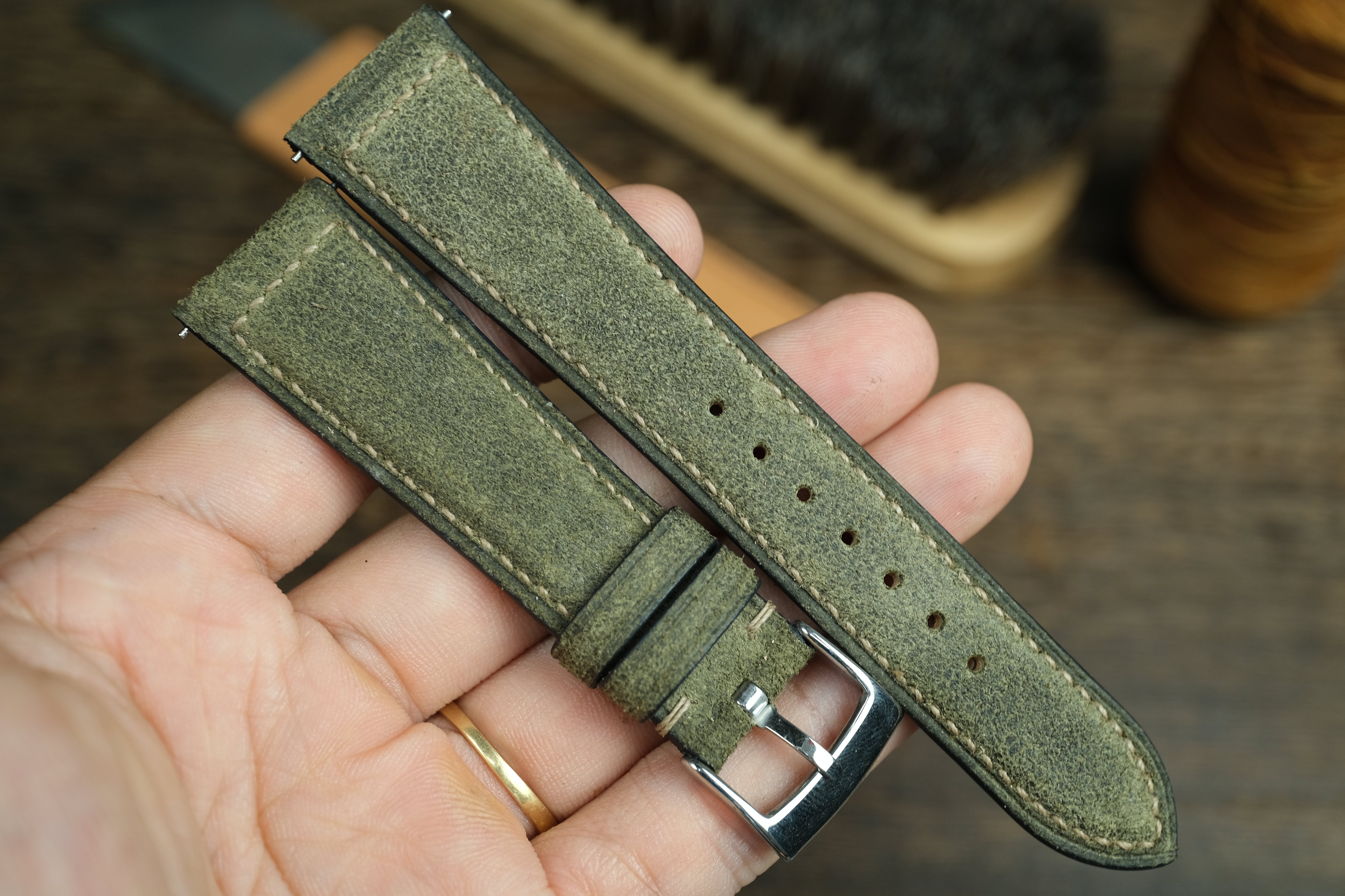 LEATHER WATCH STRAP, OLIVE GREEN DISTRESSED LEATHER WATCH BAND.